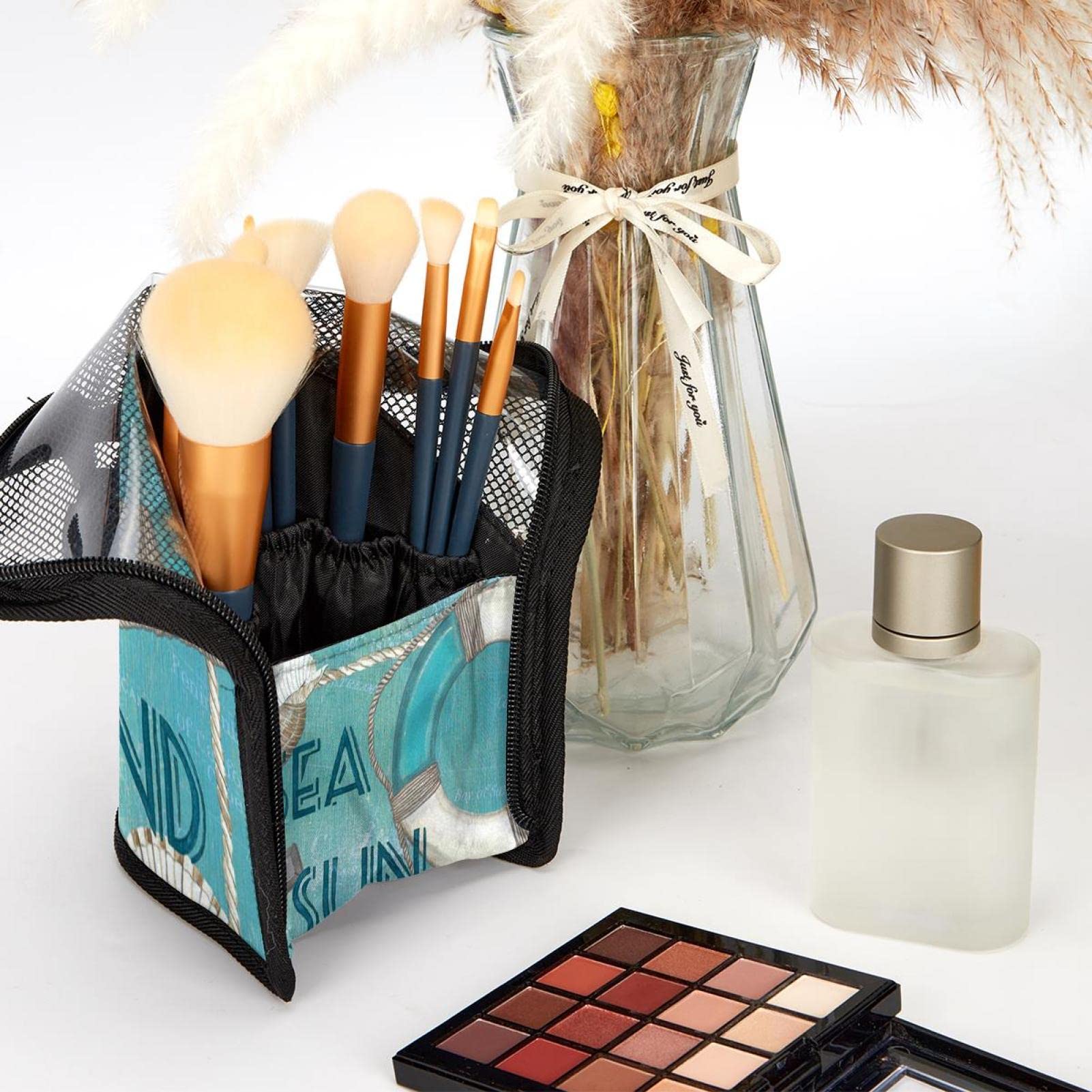 12-Piece Makeup Brush Organizer Bag with Anchor Print - Portable Travel Cosmetic Brush Holder Set for Beach Vacation & Daily Makeup Storage