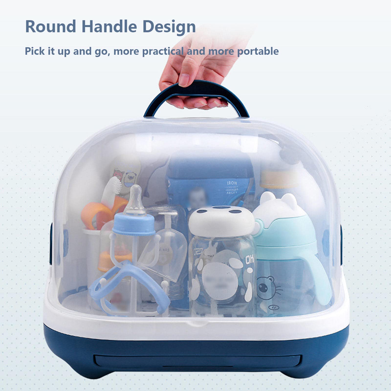 RUNLAIKEJI Baby Bottle Drying Rack & Storage Organizer with Cover - Large Anti-Dust Nursing Bottle Holder, Dish Organizer with Drain Board & Carry Handle - Perfect for Nursery, Kitchen Countertop & Travel Use