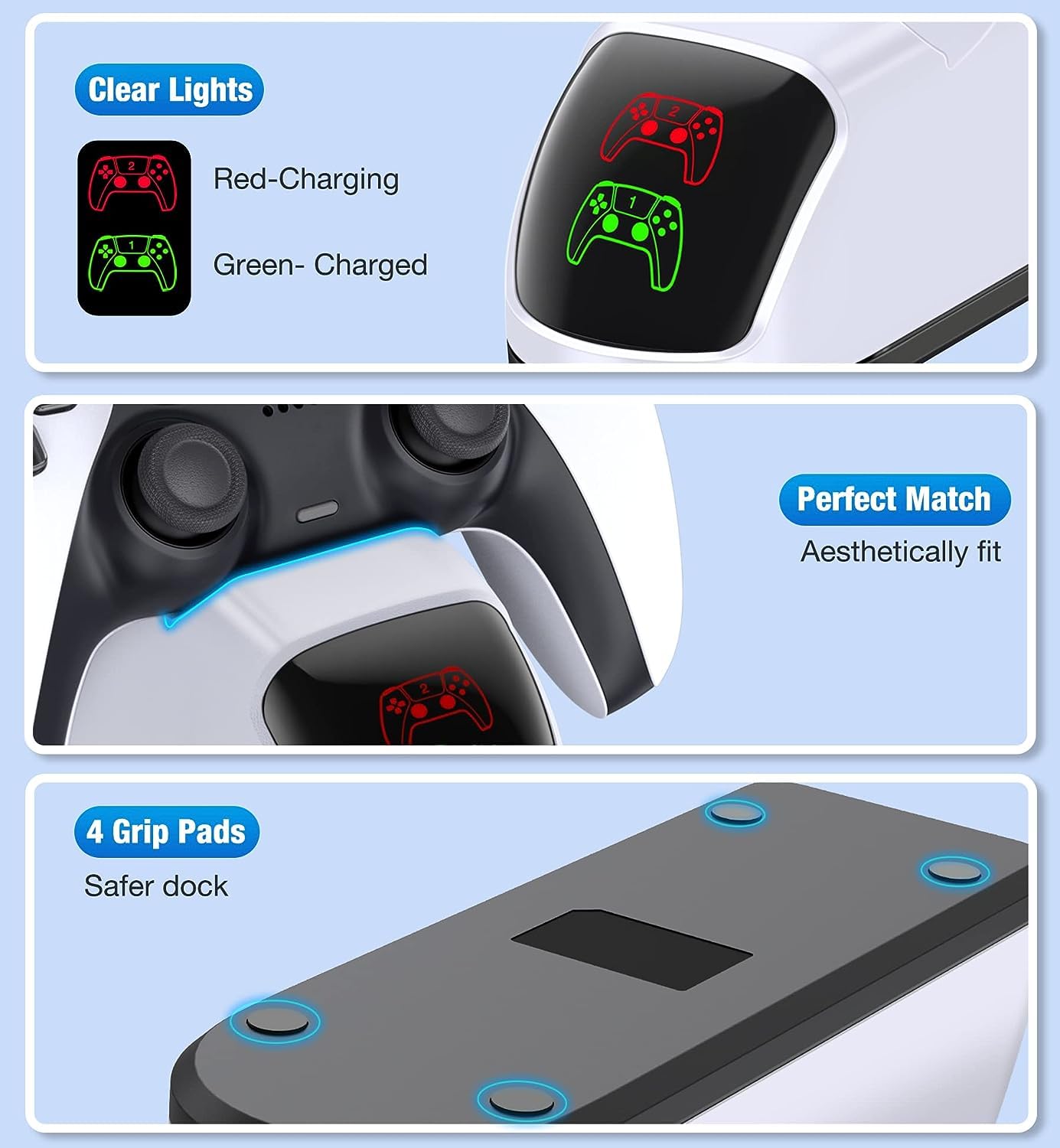 PS5 Controller Charging Station with Fast Charging - Dualsense Charger Dock for PlayStation 5 & PS5 Slim - White Dual Stand with USB Cable | Perfect for Gaming Setup & Living Room Organization