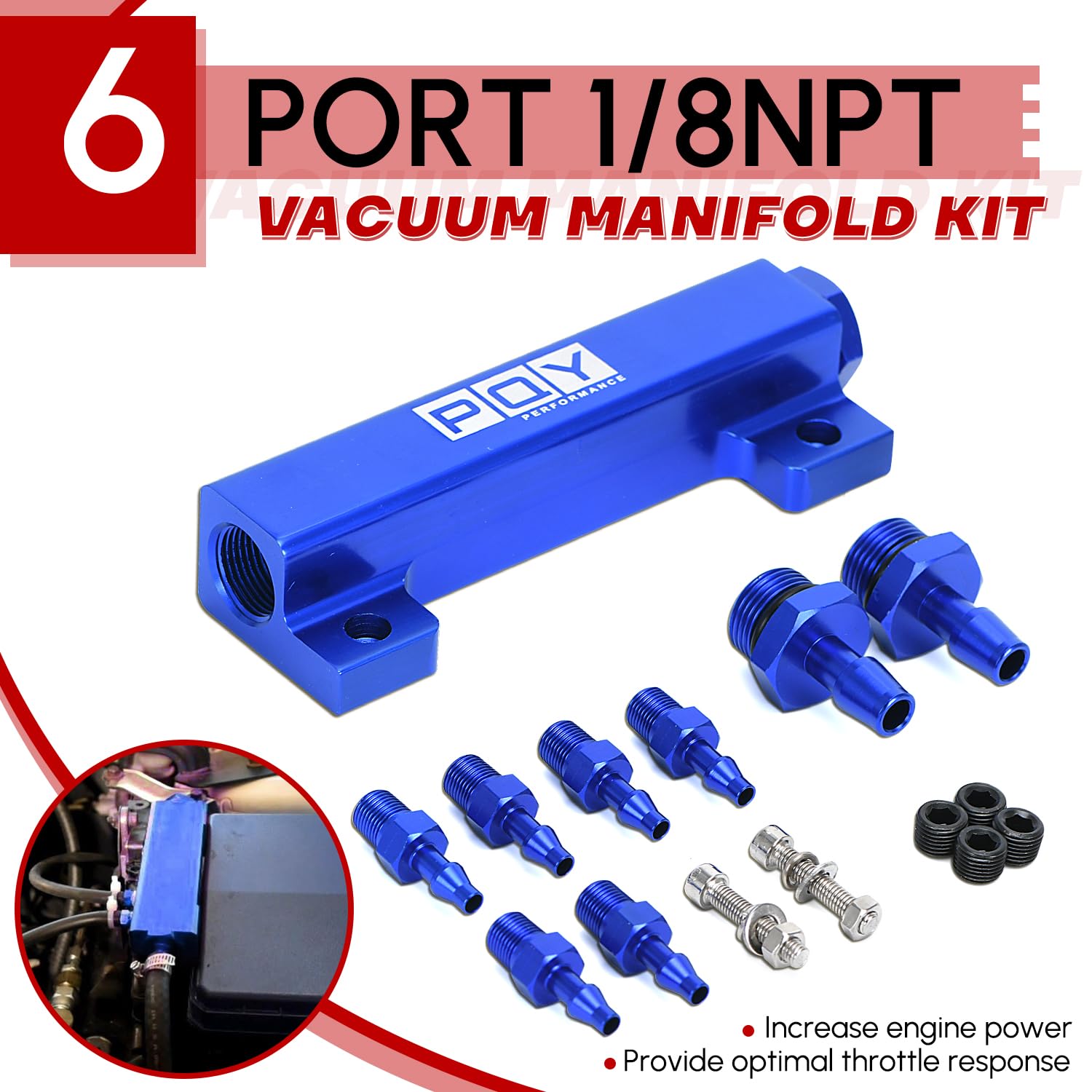 High Performance 6 Port Vacuum Block Intake Manifold Kit with 1/8NPT Ports for Fuel, Wastegate & Turbo Boost - Racing Blue - Perfect for Turbocharged Engines, Performance Tuning & Motorsport Applications