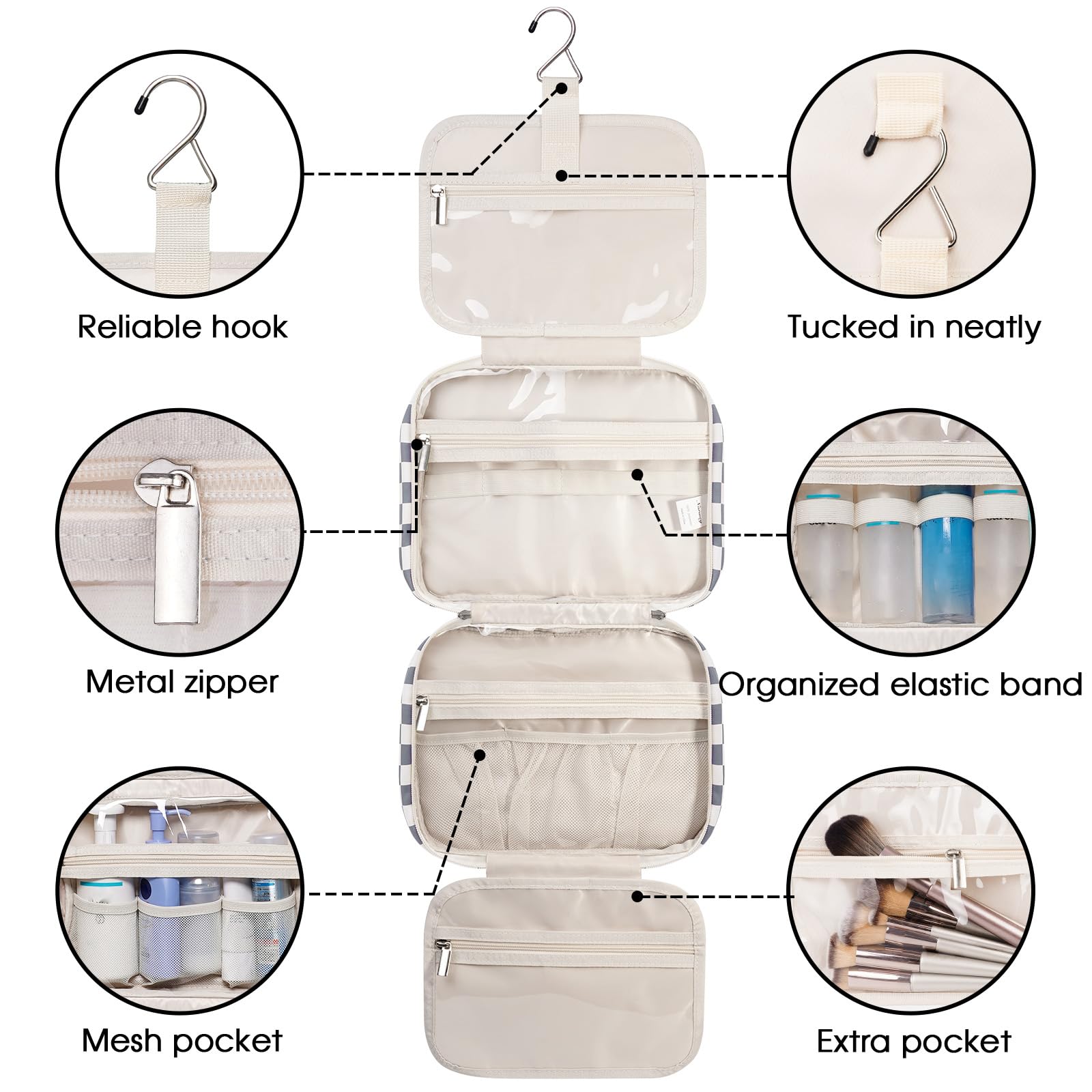 Narwey Hanging Toiletry Bag for Women - Travel Makeup Organizer with Multiple Pockets, Waterproof Cosmetic Bag for Toiletries & Travel Essentials (Grayish Blue Checkerboard, Medium) - Perfect for Airplane Carry-on, Gym, Camping & Weekend Getaways