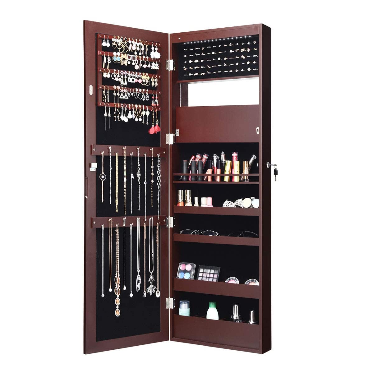 MAT EXPERT 15-LED Lighted Jewelry Armoire with Full-Length Mirror - Lockable Wall/Door Mounted Jewelry Cabinet Organizer for Bedroom, Dressing Room & Makeup Display - Brown (Perfect for Small Spaces & Gift Giving)