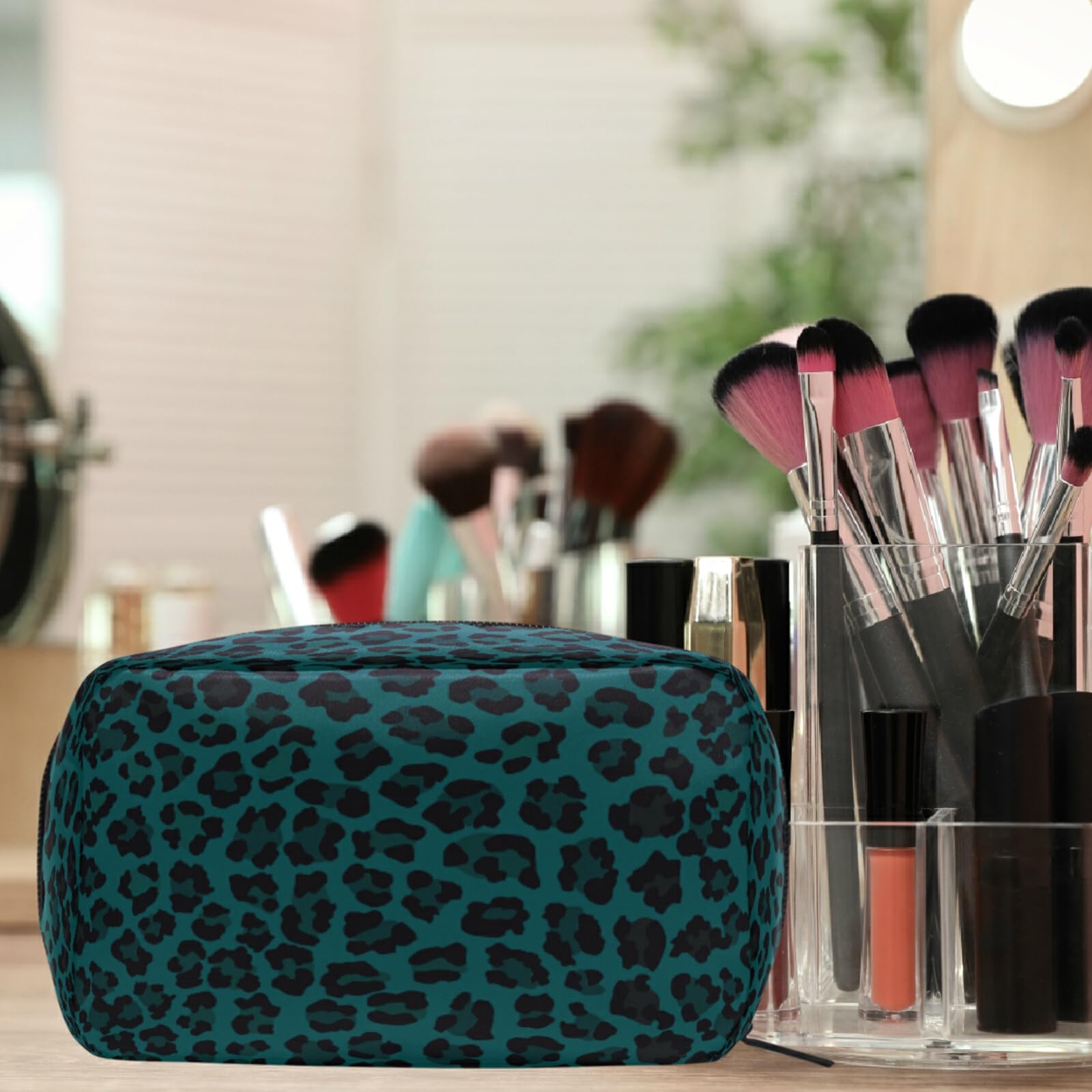 Leopard Print Blue Makeup Bag for Women Travel - Small Cosmetic Organizer with Compartments | Perfect for Toiletries & Travel Essentials
