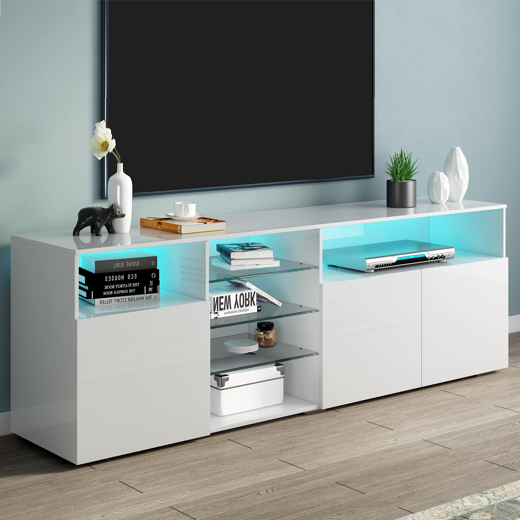 Modern Stylish Functional TV Stand with 20 Color Changing LED Lights - Universal Entertainment Center for Living Room, High Gloss TV Cabinet Fits 70+ Inch Flat Screen TVs - White for Home Theater & Gaming Setup