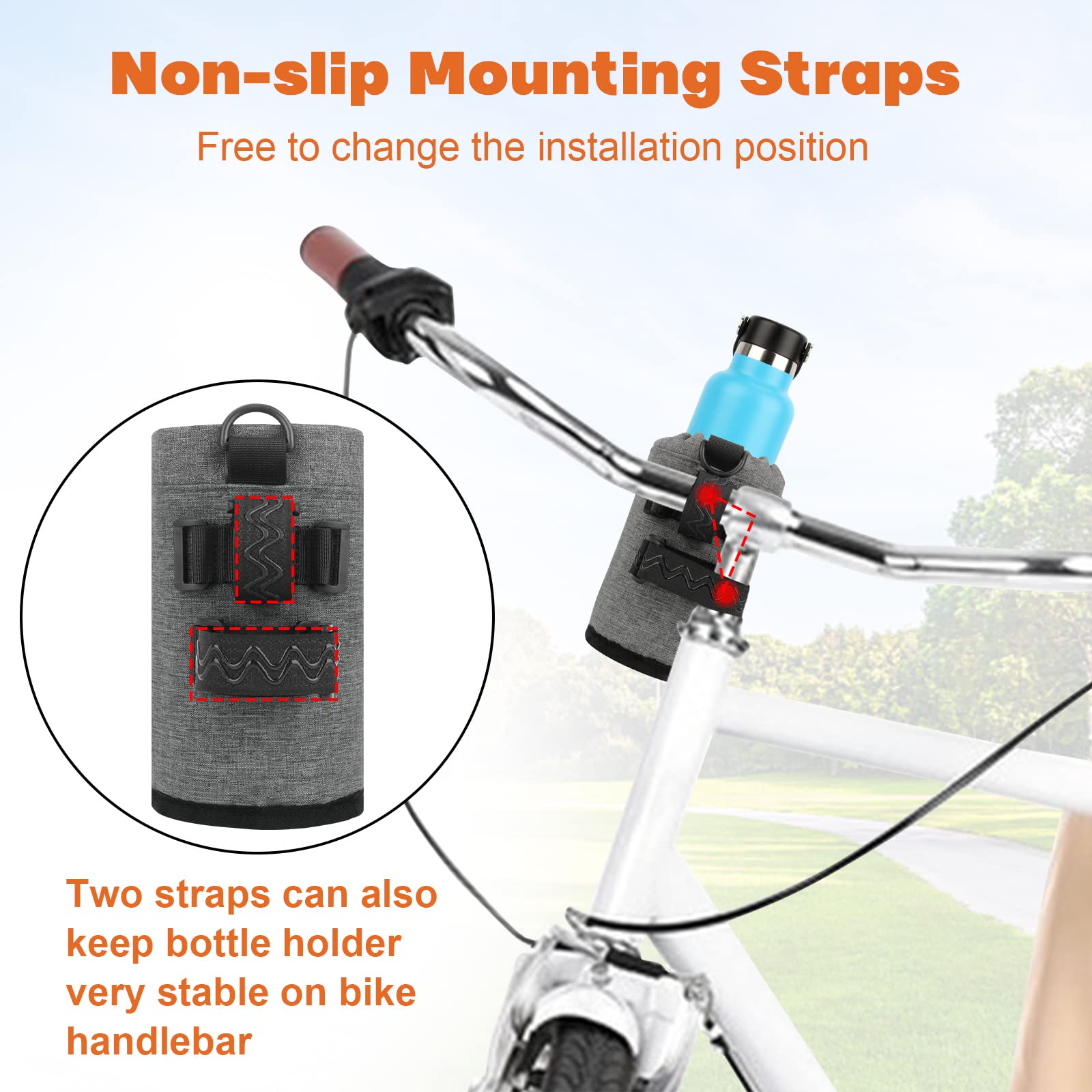 **Insulated Bike Water Bottle Holder - 16-24oz, Non-Slip Straps & Multiple Installation for Mountain, Road, eBike & Scooter - Perfect for Cycling, Commuting & Outdoor Adventures**