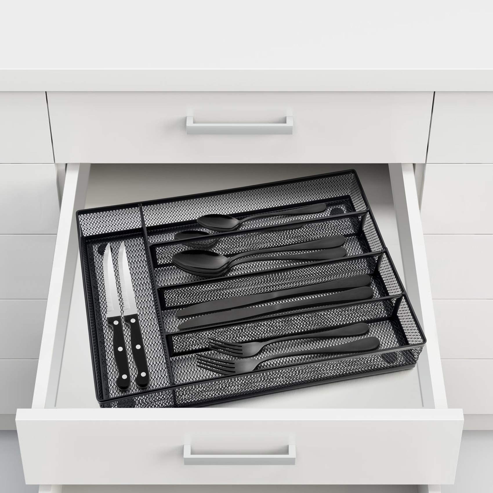 24-Piece Stainless Steel Flatware Set - Black Silverware with Steak Knives & Organizer for 4 People | Dishwasher Safe Mirror Polished Cutlery Set | Perfect for Wedding, Home Dinner Party & Restaurant Use