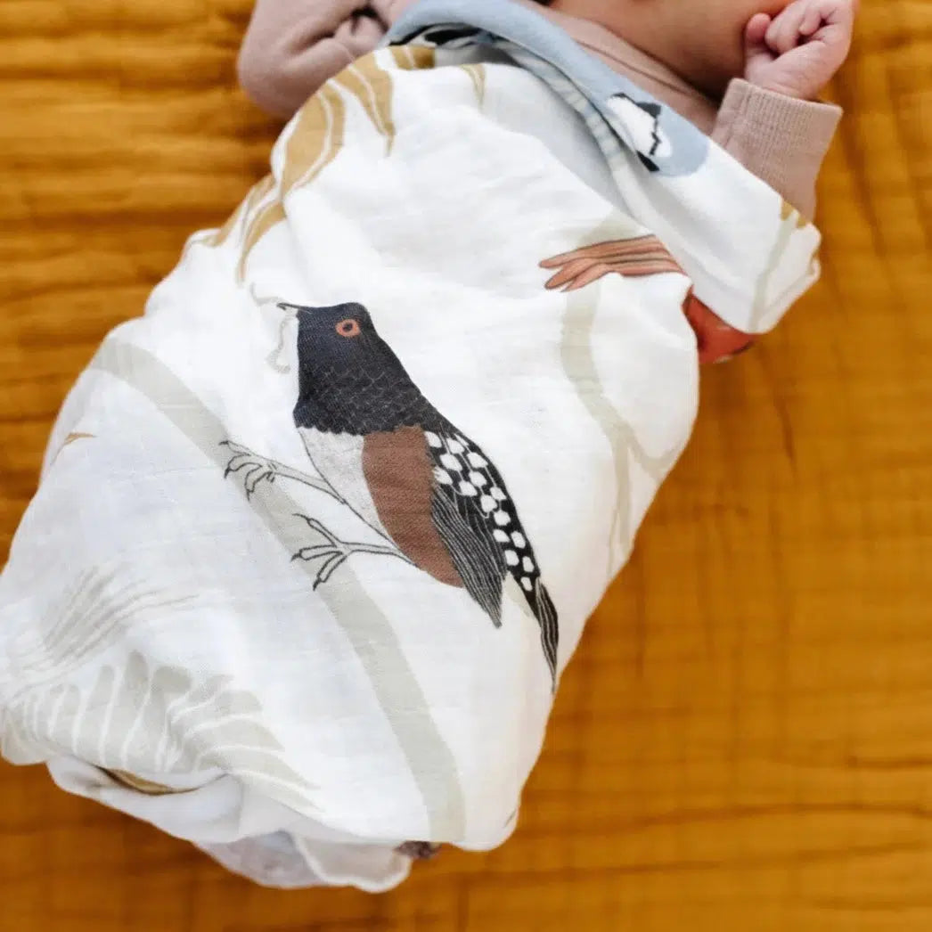 Clementine Kids Cotton Muslin Swaddle Blanket with Bird Print - Soft & Breathable for Newborn Baby Swaddling, Nursing, and Stroller Cover