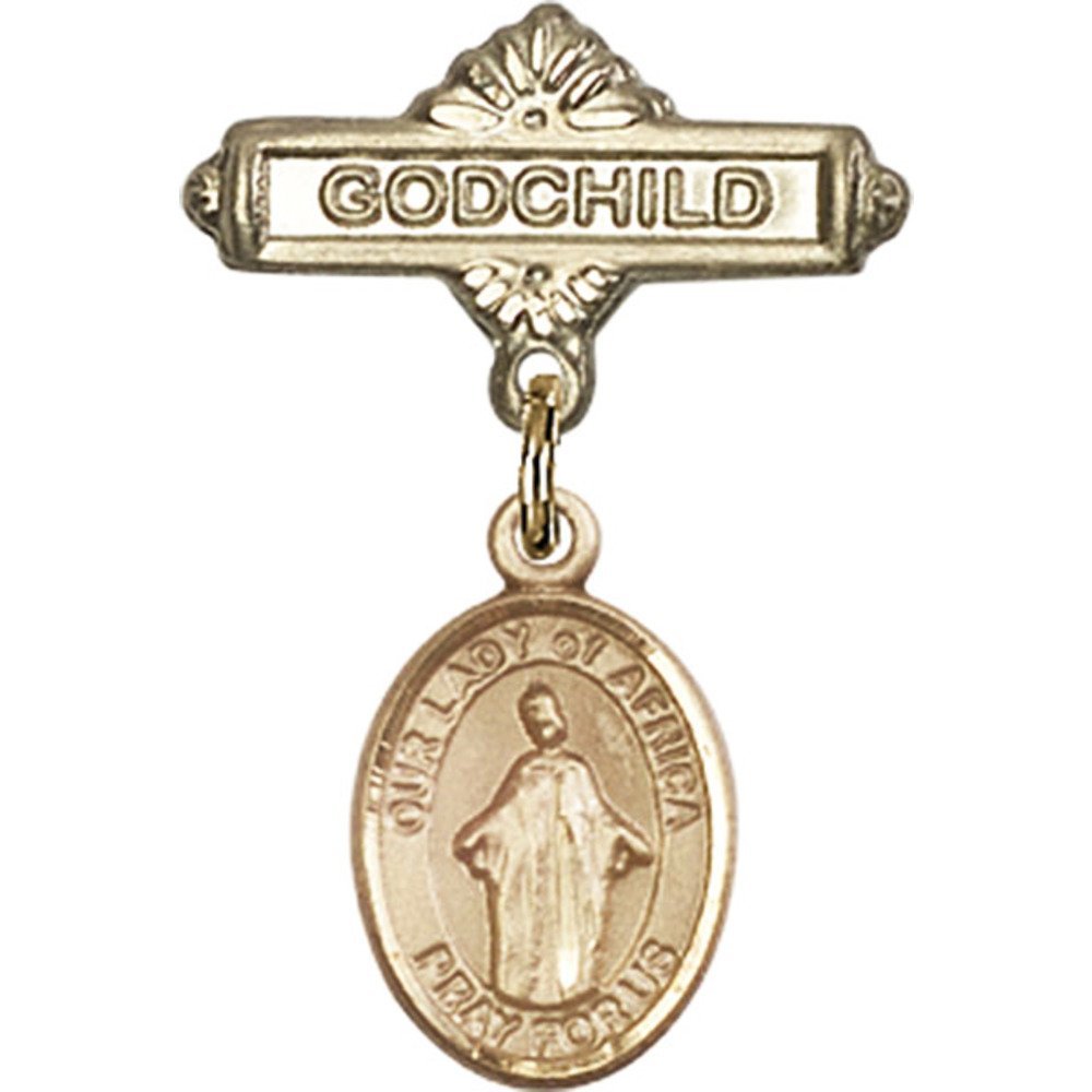 Gold Filled Baby Badge Pin with Our Lady of Africa Charm - 1 X 5/8 Inches - Perfect for Christening Gifts, Godchild Blessings & Religious Jewelry Collections