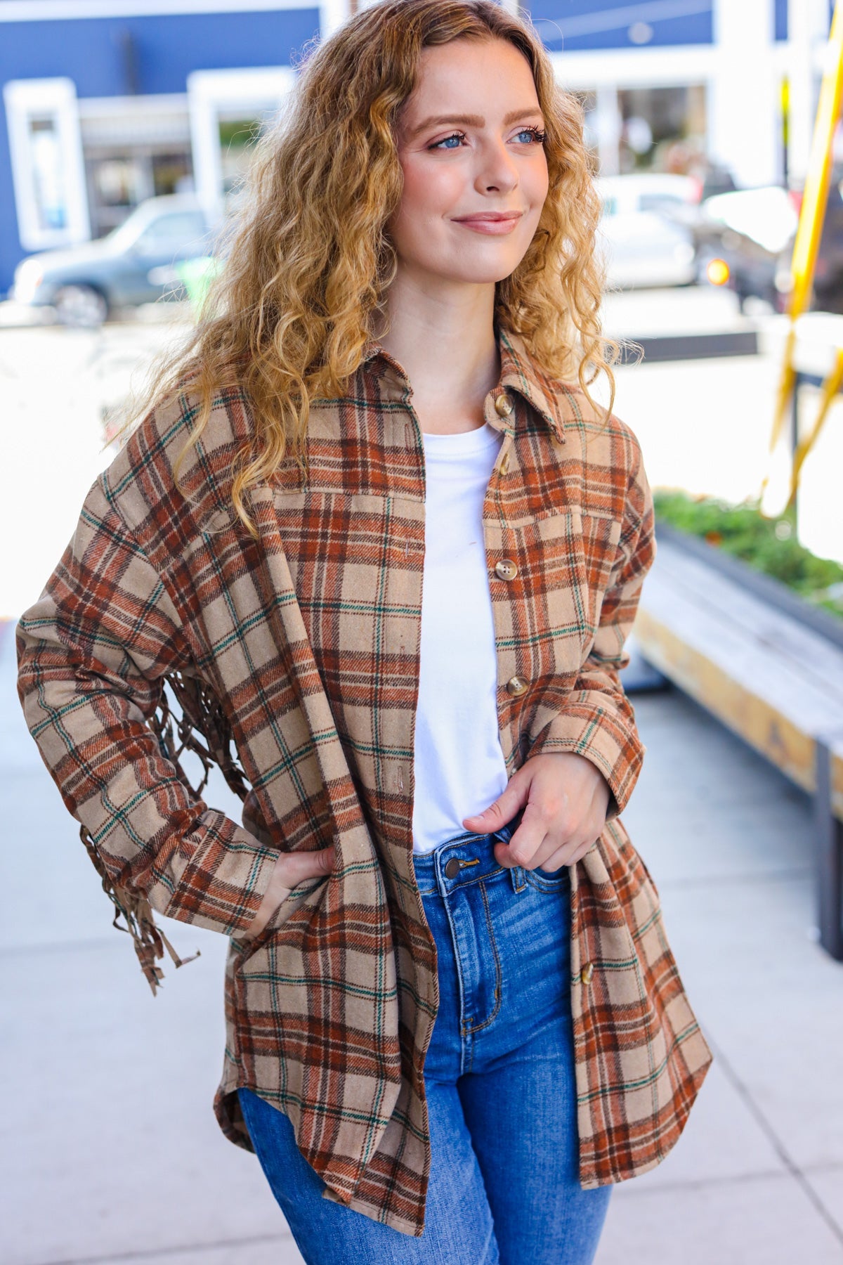 Stylish Taupe & Rust Flannel Plaid Fringe Jacket for Women - Cozy Fall Winter Layering Essential | Perfect for Outdoor Adventures, Casual Outings & Date Nights