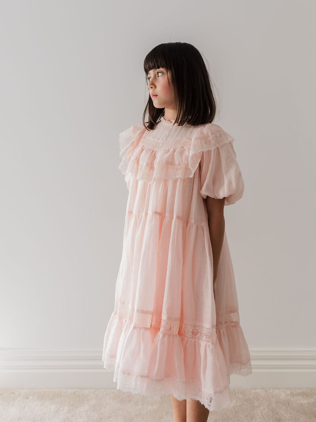 Petite Amalie Short Sleeve Poppy Lace Trim Soft Peach Dress - Perfect for Spring Weddings & Garden Parties