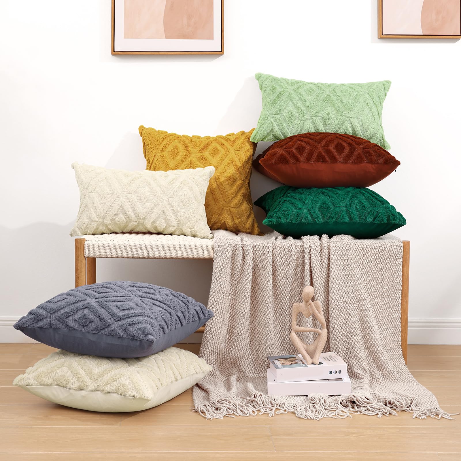 Pallene Soft Faux Fur Throw Pillow Covers 22x22 Set of 2 - Plush Wool Decorative Couch Pillow Covers for Sofa, Bed, Living Room - 3D Diamond Pattern Mustard Yellow - Perfect for Home Decor, Cozy Winter Nights & Gift Giving