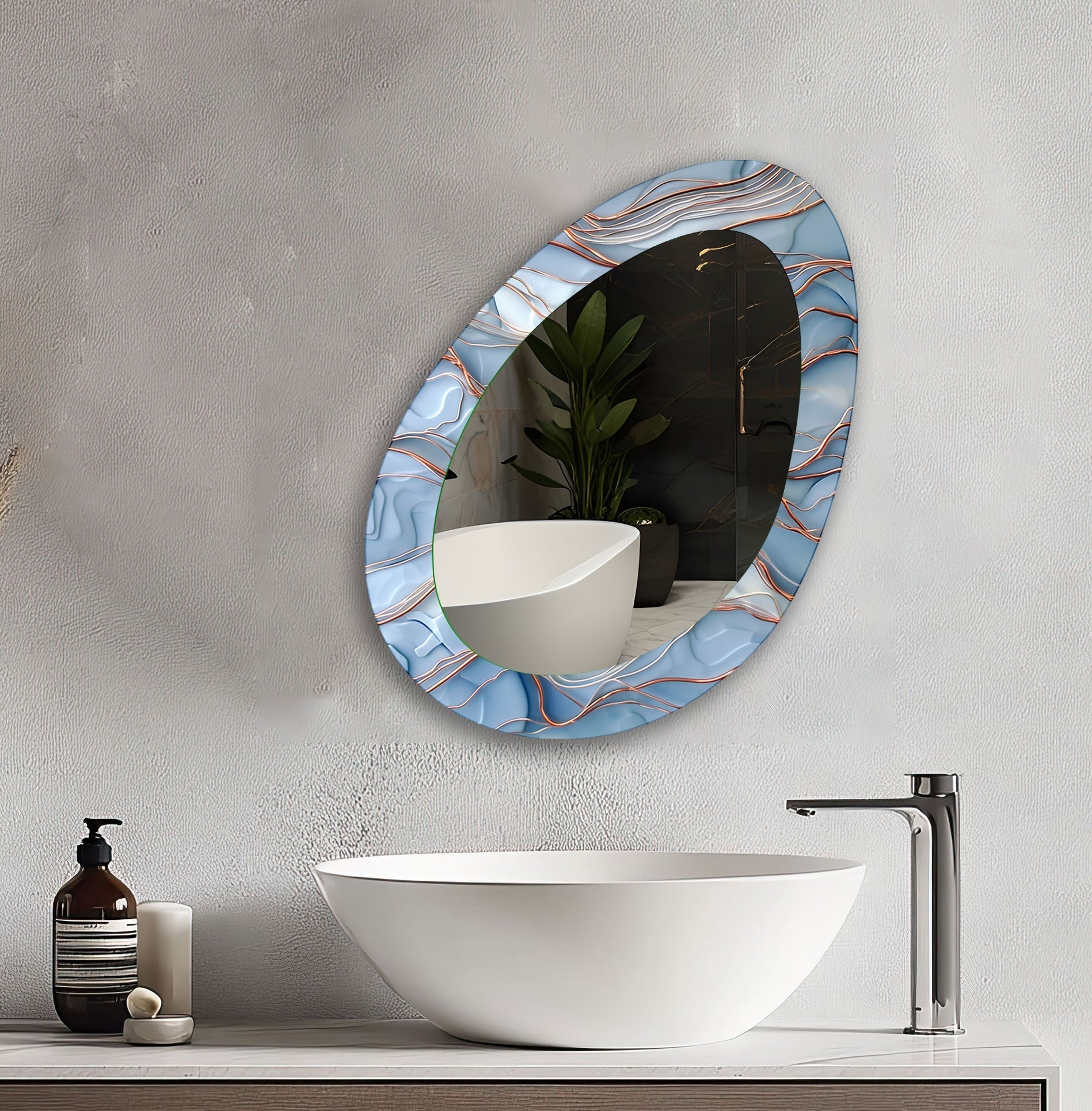 Blue and Copper Oval Modern Wall Mirror - Elegant Home Decor for Living Room, Bedroom & Entryway - Perfect for Adding Style and Depth to Any Space