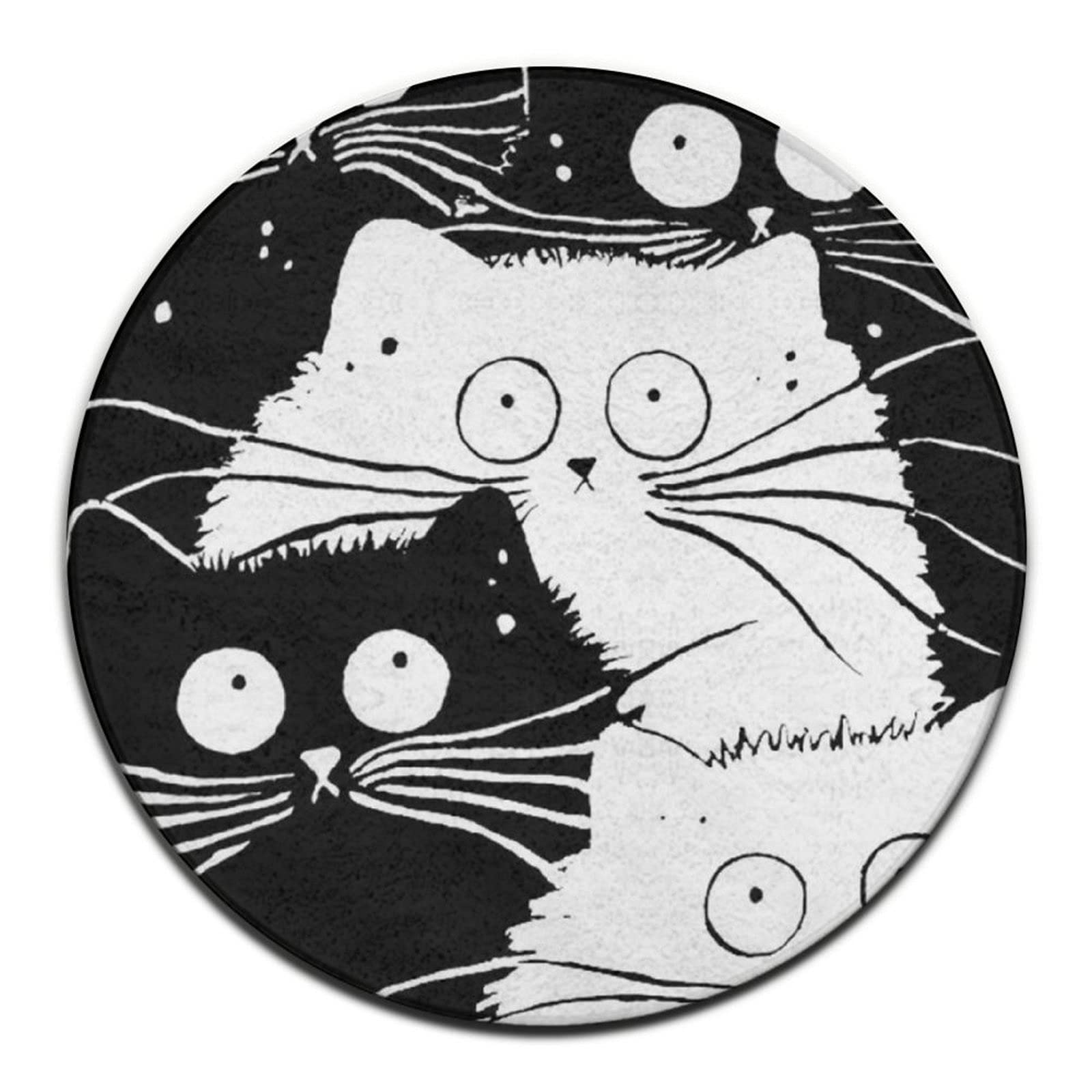 Non-Slip Black and White Cartoon Cat Round Area Rug - Soft Door Mat for Bedroom, Living Room, Playroom & Daycare - Easy to Clean Pet-Friendly Floor Decor (24/36/60 Inch) - Perfect for Kids' Rooms, Nursery Decor & Cozy Home Accents