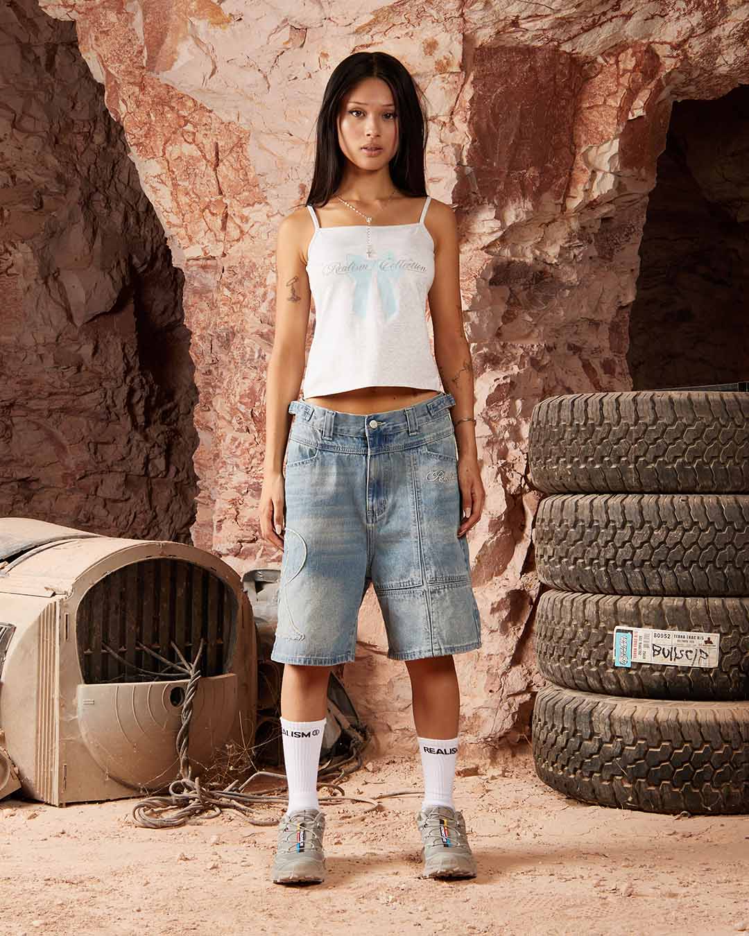 SSS Realism Vivant Denim Shorts - Washed Blue Distressed High Waisted Women's Jeans Shorts for Summer Casual Wear and Beach Outfits
