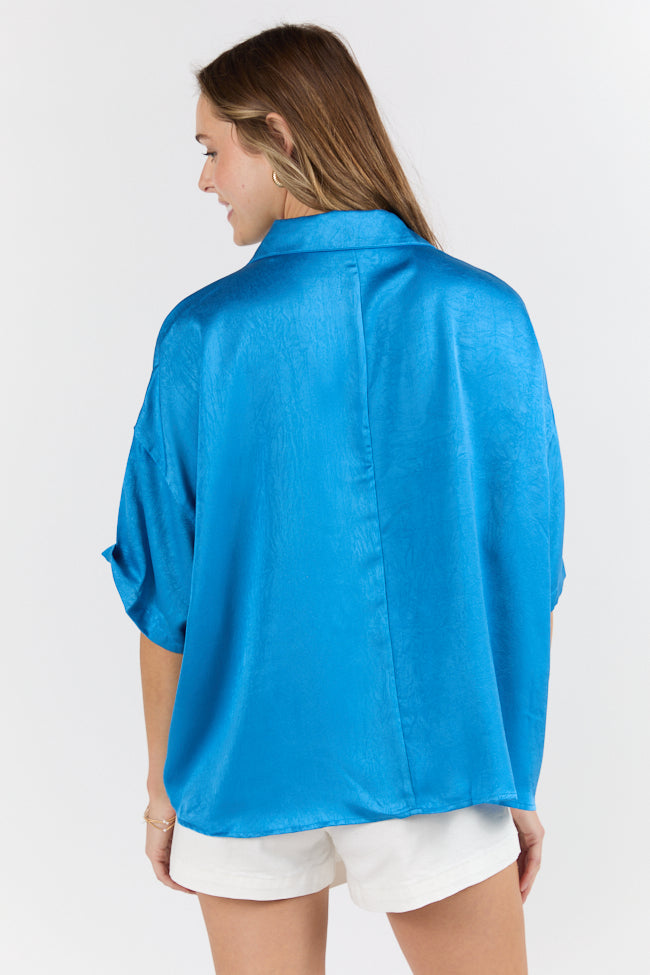 Elegant Blue Oversized Satin Collared Blouse for Women - Perfect for Office Wear, Evening Parties & Special Occasions
