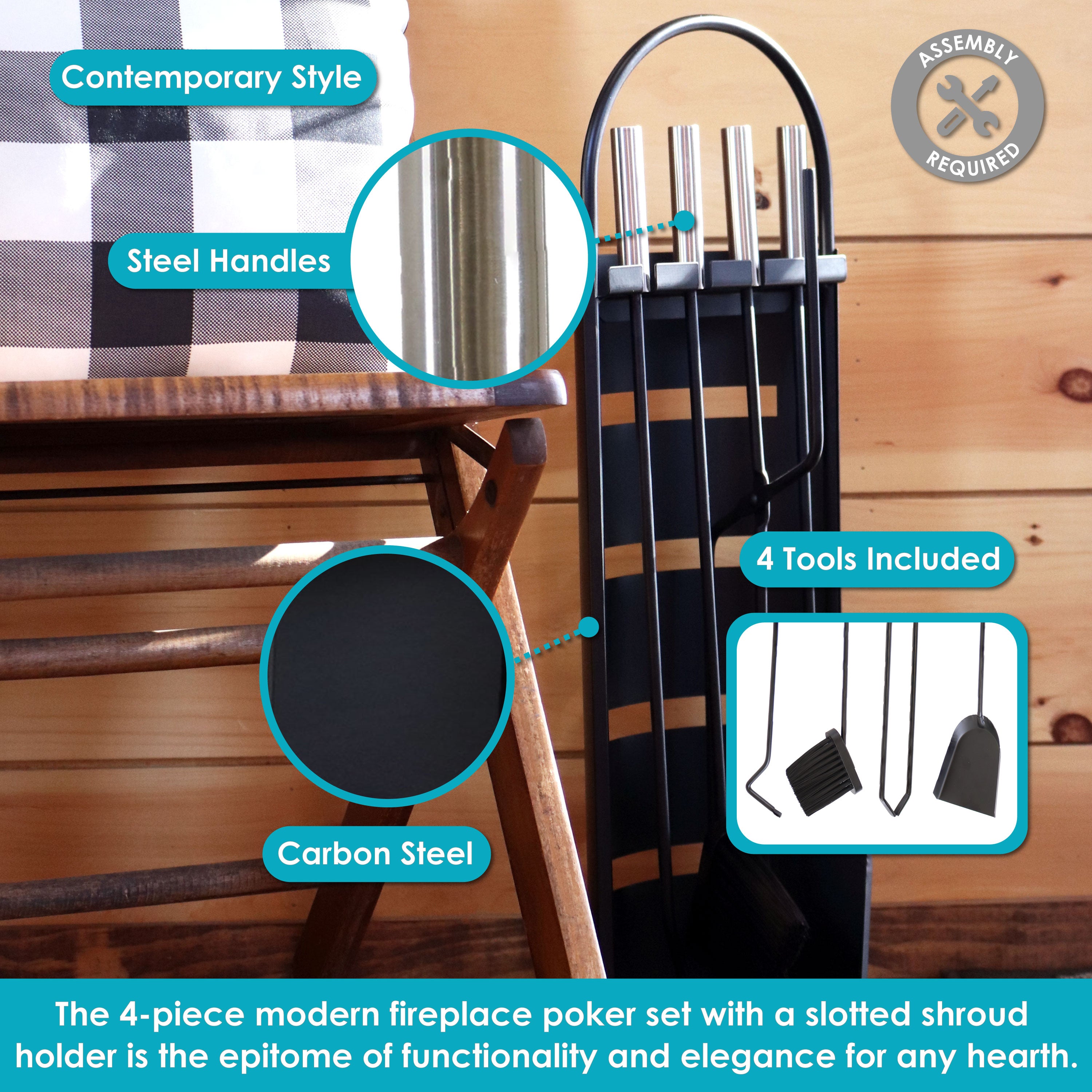 Sunnydaze 4-Piece Fireplace Tool Set with Slotted Shroud Holder - Heavy Duty Steel Fireplace Accessories for Wood Burning Stoves & Fire Pits - Perfect for Indoor & Outdoor Use