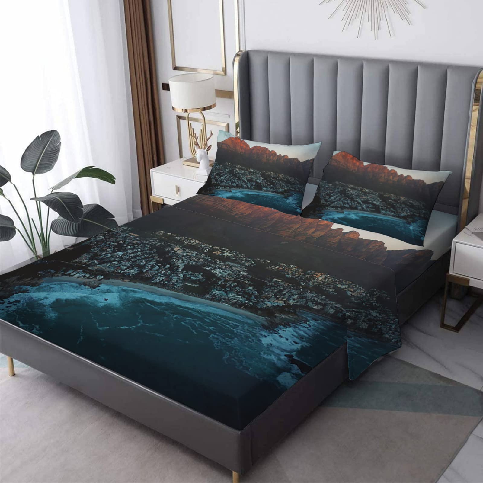 Sunset 4-Piece Bed Sheets Set - Mountain Sea Print, Soft & Breathable for Deep Pocket Mattresses - Perfect for Coastal & Nature-Themed Bedrooms