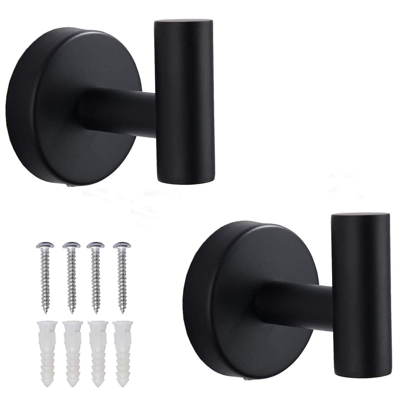 Stainless Steel Towel Hooks 2 Pack - Heavy Duty SUS 304 Bathroom Wall Hooks for Towels, Robes & Coats - Matte Black Wall Mounted Hooks for Bathroom, Kitchen, Laundry Room & Entryway Organization