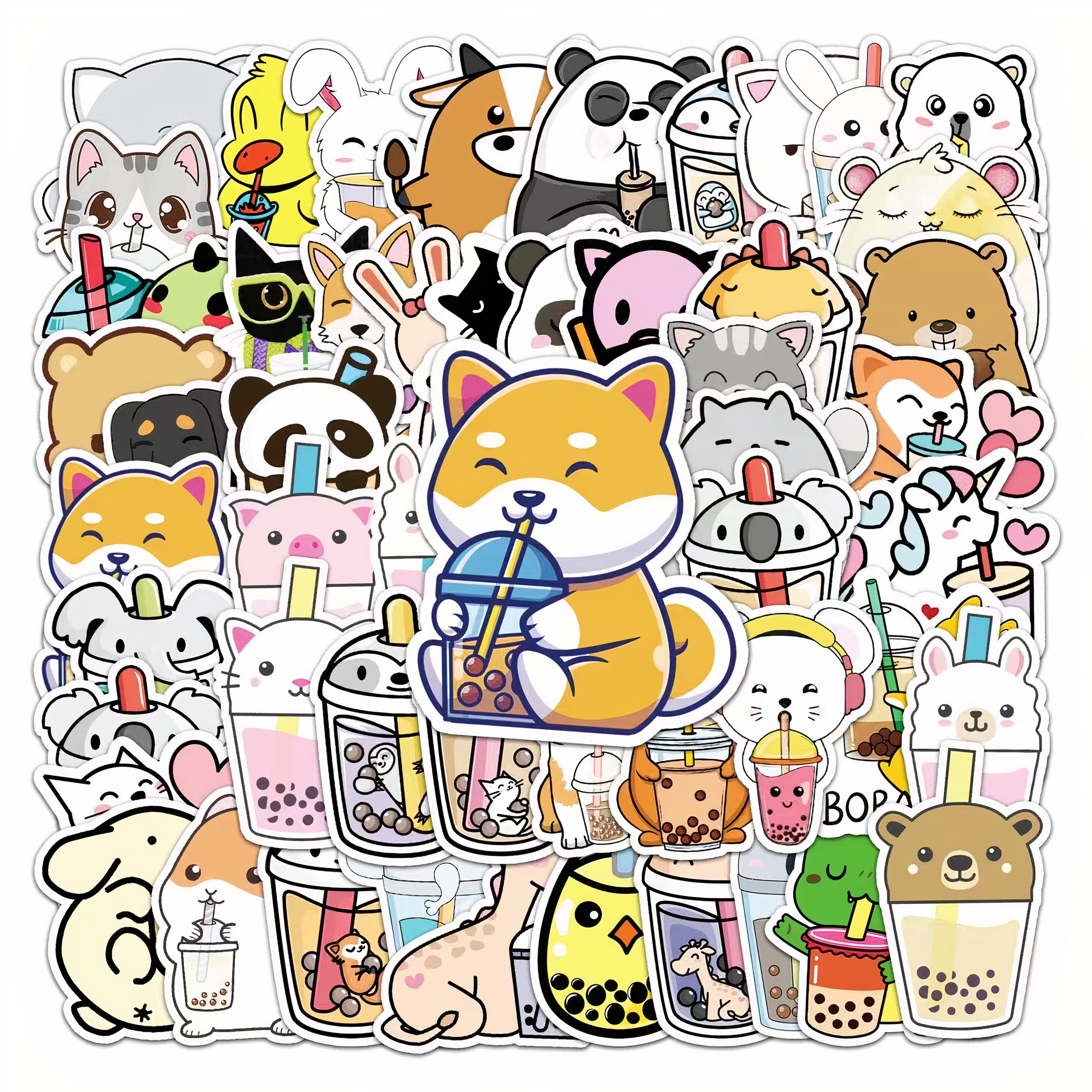 KAWAIIANS Cute Animal Stickers Set of 50 - Kawaii Bubble Tea Drinks Cartoon Anime Decals for Kids, Teens, Girls & Adults - Perfect for Laptops, Water Bottles, Journals & DIY Crafts