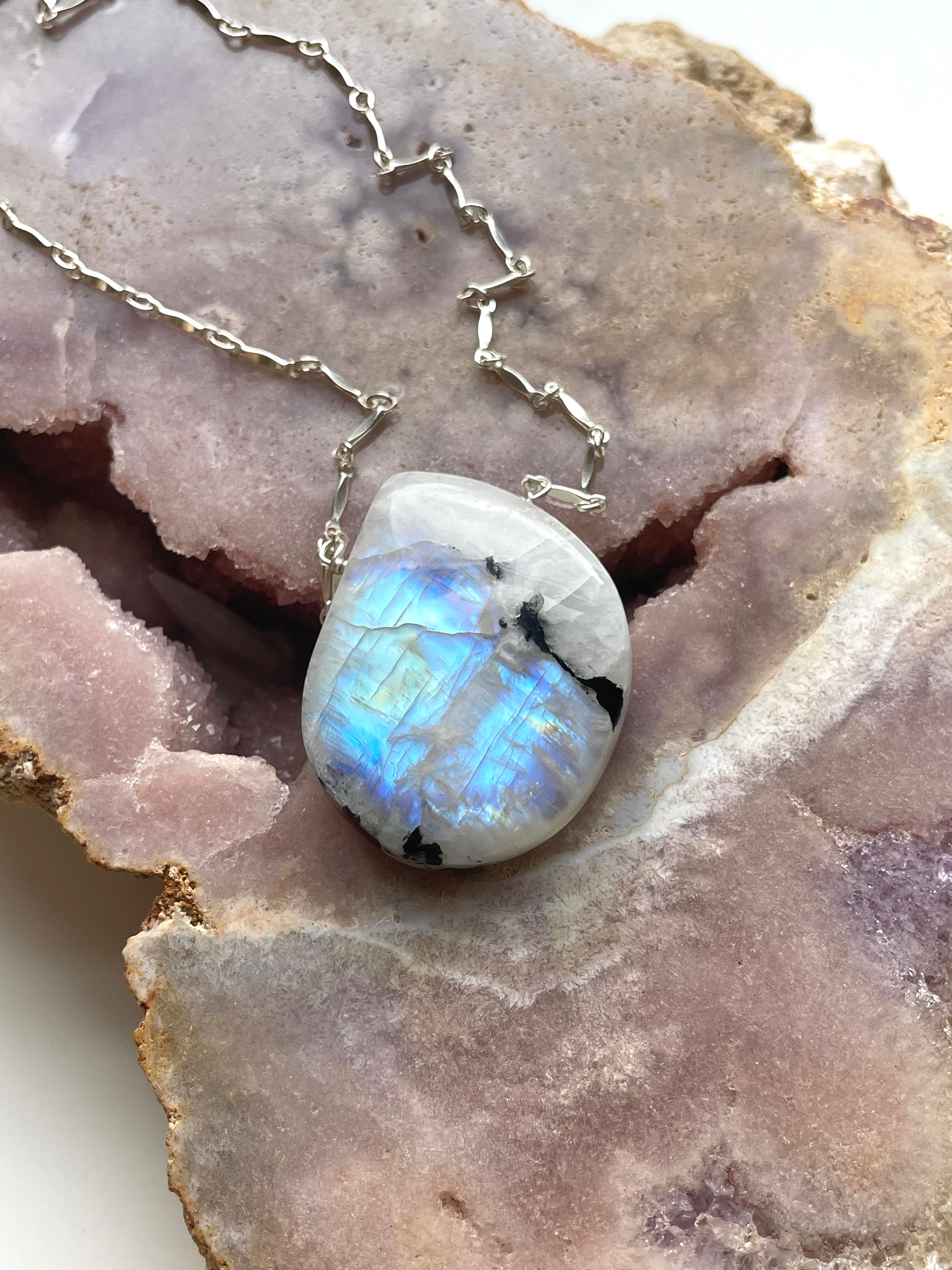 Large Moonstone Pendant Necklace Sterling Silver 925 - Elegant Boho Jewelry for Women, Perfect for Weddings, Parties & Everyday Wear