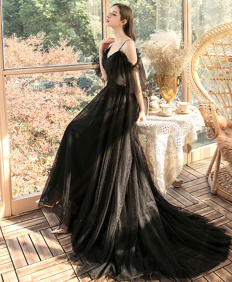 Elegant Black V-Neck Tulle Lace Long Prom Dress for Evening Gala & Formal Events | Perfect for Homecoming, Wedding Guest & Special Occasions