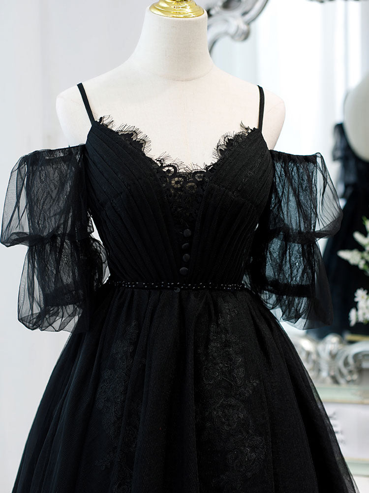 Elegant Black A-Line V-Neck Lace Short Prom Dress - Puffy Homecoming Mini Dress for Women | Perfect for Parties, Dances & Special Occasions
