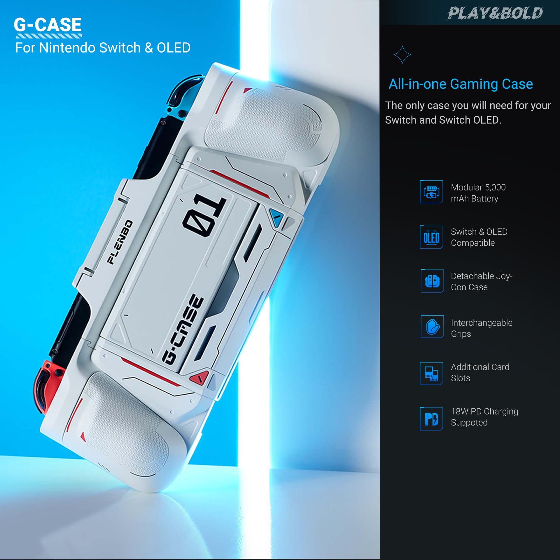 Plenbo G-Case Protective Switch Grip Case for Nintendo Switch OLED - BT5.0 Version with All-in-One Battery Charger, Modular Battery, Detachable Grips & 2 Card Slots - White | Perfect for Gaming On-The-Go, Travel & Long Play Sessions