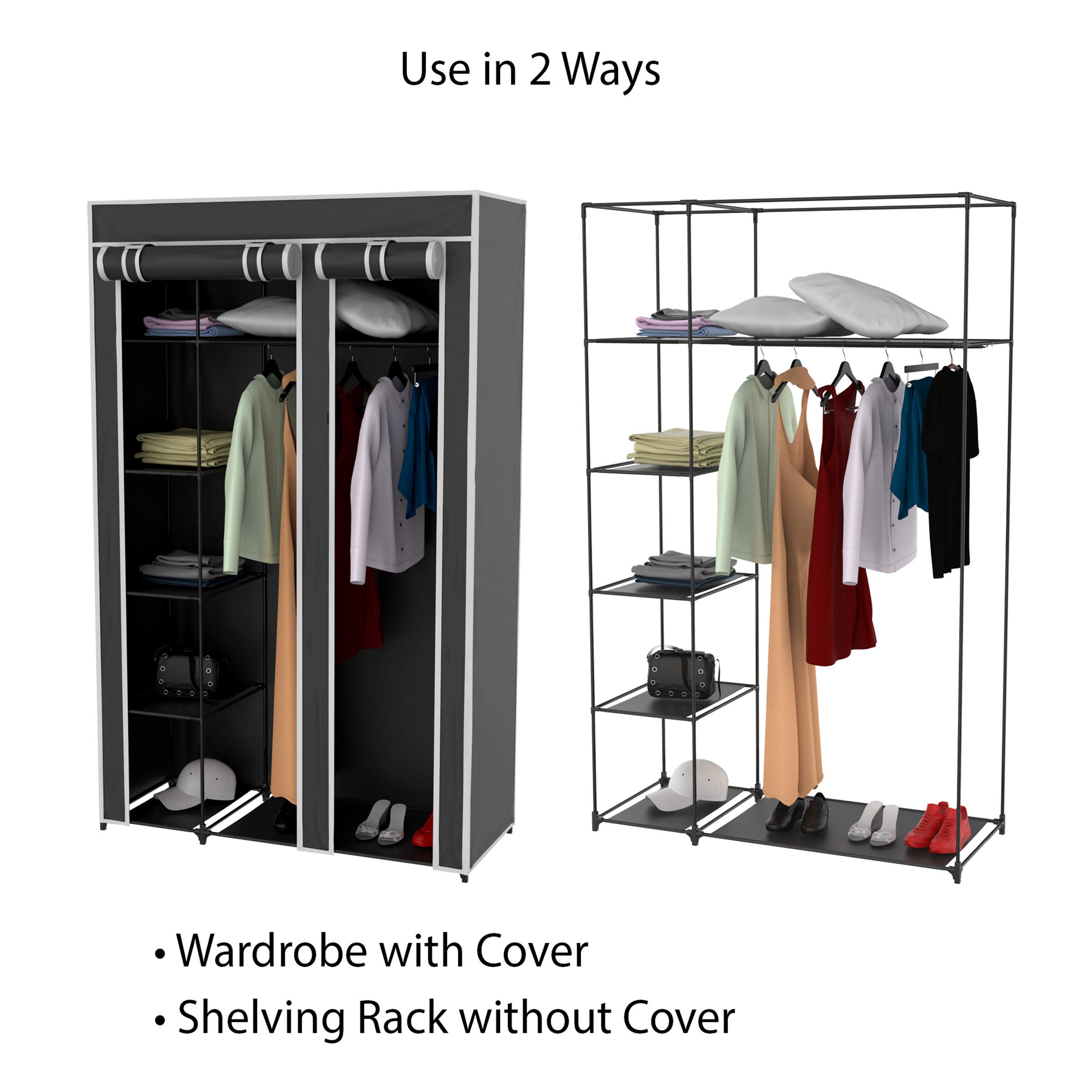 Lavish Home Portable Closet - Freestanding Covered Garment Rack Wardrobe with 5 Shelves & Dust Cover, Metal Frame Clothes Hanger Organizer for Bedroom, Closet, Dorm (Black) - Perfect for Small Spaces & Seasonal Storage