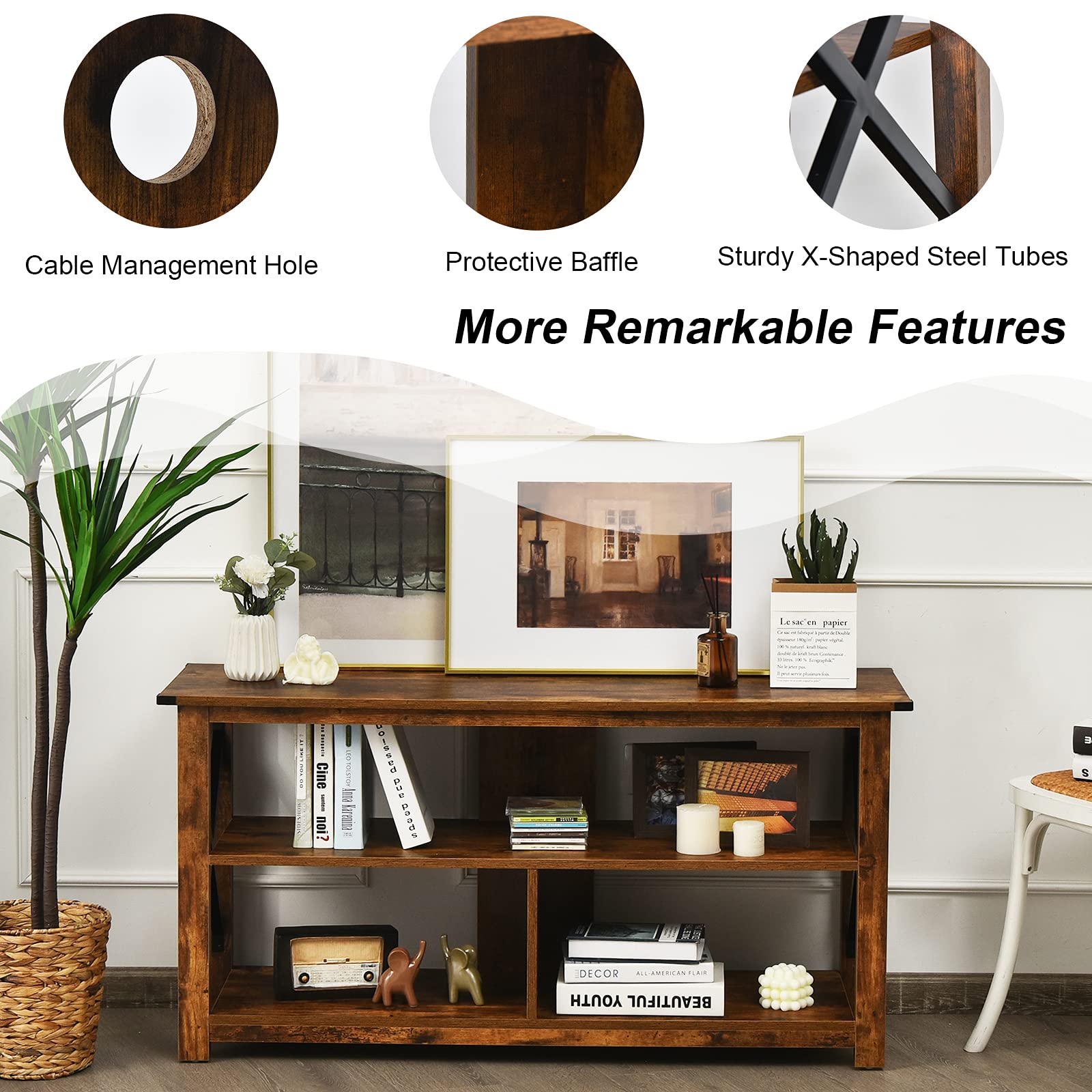 Tangkula 3-Tier Wooden TV Stand with Open Shelves & X-Shaped Frame - Farmhouse Style Entertainment Center for 55-Inch TVs - Sturdy TV Console Table for Living Room, Bedroom & Home Theater (Brown)
