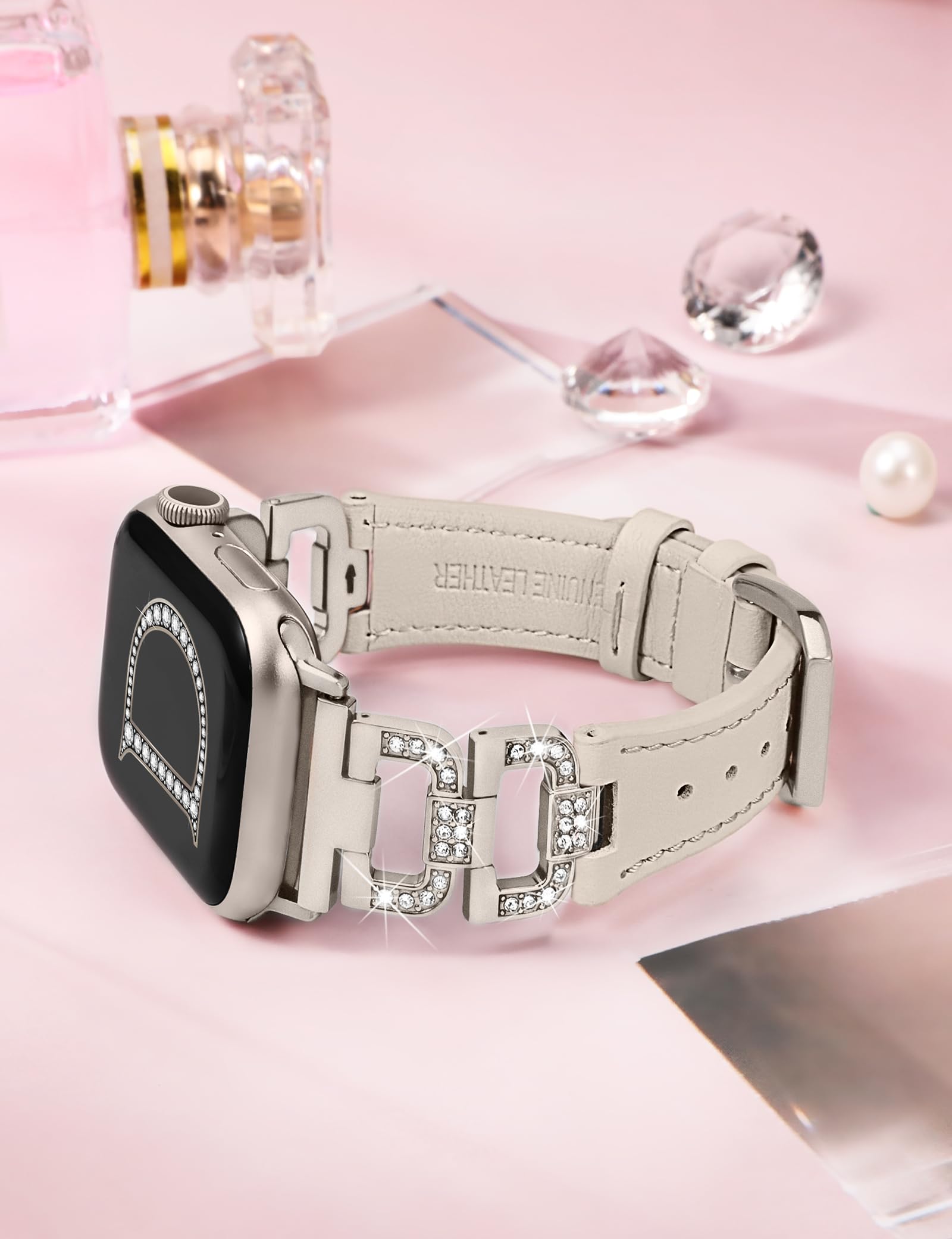 Elegant Diamond D-Shaped Leather Strap for Apple Watch Series 10/9/8/7/6/5/4/3/2/1/SE - Compatible with 41mm/40mm/38mm/42mm - Women's Luxury Bling Band for iWatch (Starlight/Starlight M) - Perfect for Parties, Weddings & Formal Occasions