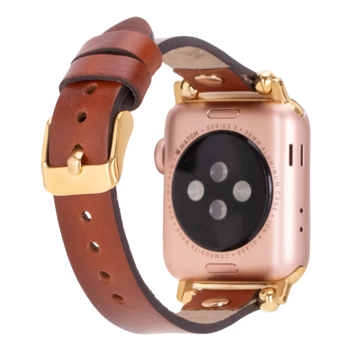 Burnished Brown Leather Ultra Slim Apple Watch Band with Gold Rivet - Stylish & Durable Replacement Strap for Work, Gym & Everyday Wear