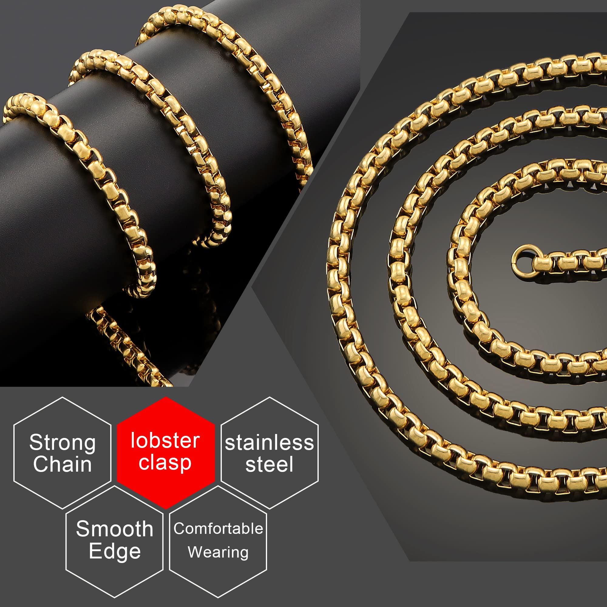 Stainless Steel Square Rolo Chain Necklace 2mm & 5mm - Round Box Chain Jewelry for Men & Women - Perfect for Everyday Wear, Gifts & Special Occasions