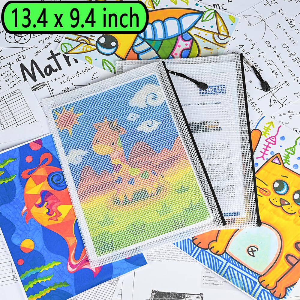 10-Pack Waterproof Mesh Zipper File Bags - Multi-Size Document Organizer for Office & School Supplies - Durable Plastic Storage Pouches for Board Games, Travel & Craft Organization (White & Black)