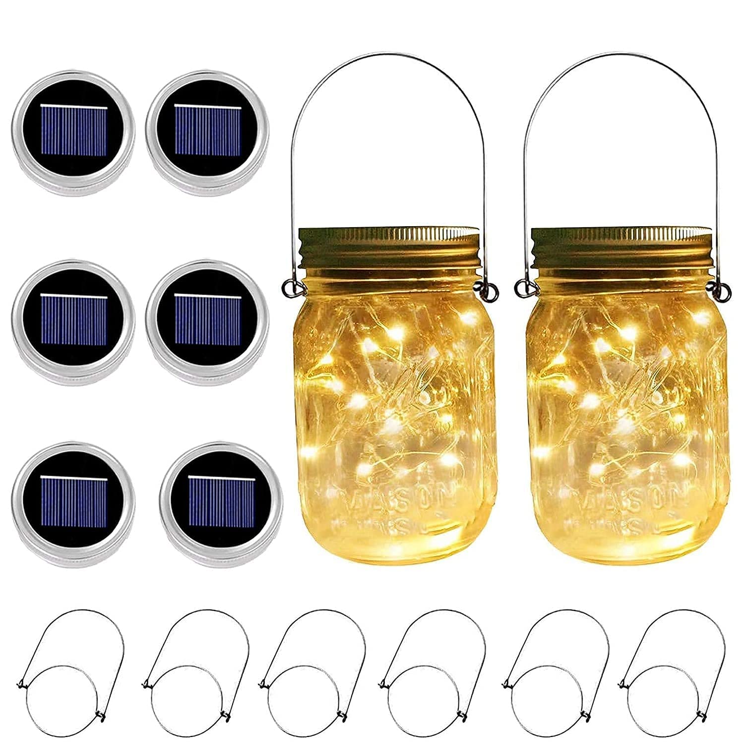 VOOKRY 6 Pack Solar Mason Jar Lids with 30 LED Lights & 8 Pack 20 LED Fairy String Lights - Waterproof Outdoor Decorative Lighting for Garden, Patio, Wedding, Party Decor