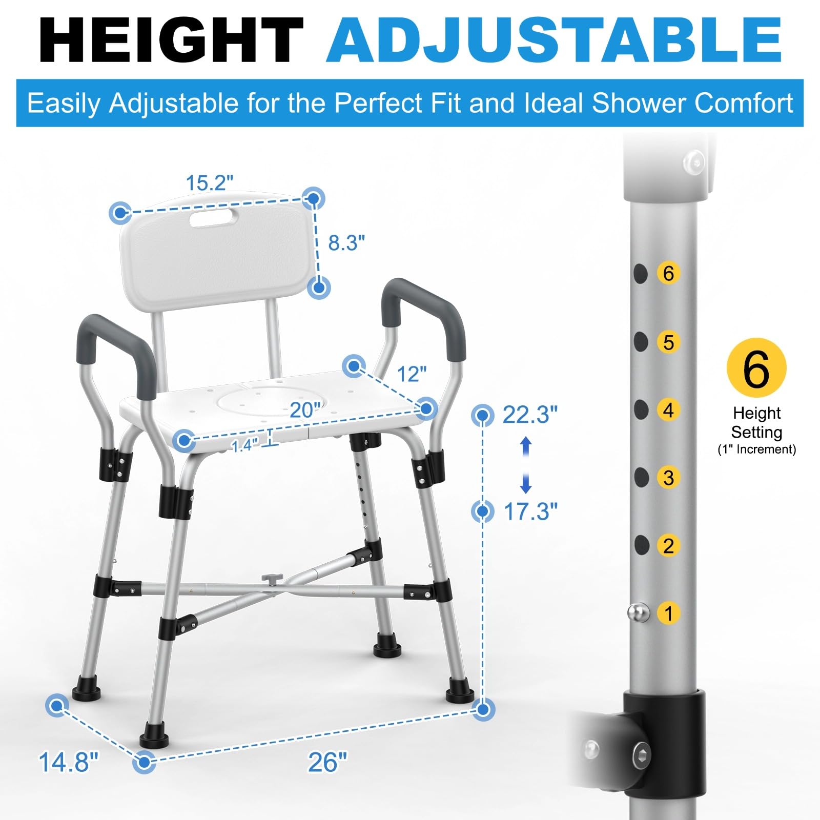 Extra Wide Shower Chair with Arms & Back Support - 500 lbs Heavy Duty Adjustable Bath Seat for Elderly, Disabled & Adults - Non-Slip Safety Crossbar for Bathtub & Shower - Ideal for Mobility Assistance & Bathroom Safety