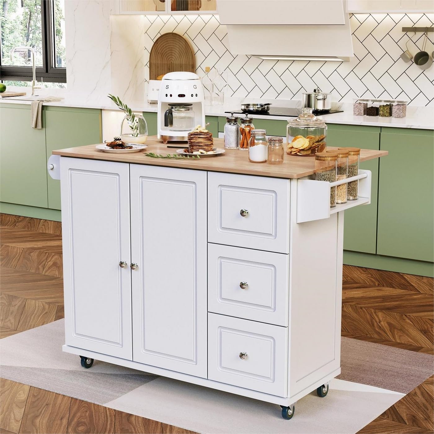 MFSTUDIO White Rolling Kitchen Island Cart with Drop-Leaf, 3 Drawers & Adjustable Shelf - Mobile Storage Cabinet with Wood Countertop, Towel Bar & Spice Rack - Perfect for Small Kitchens, Dining Rooms & Apartment Living