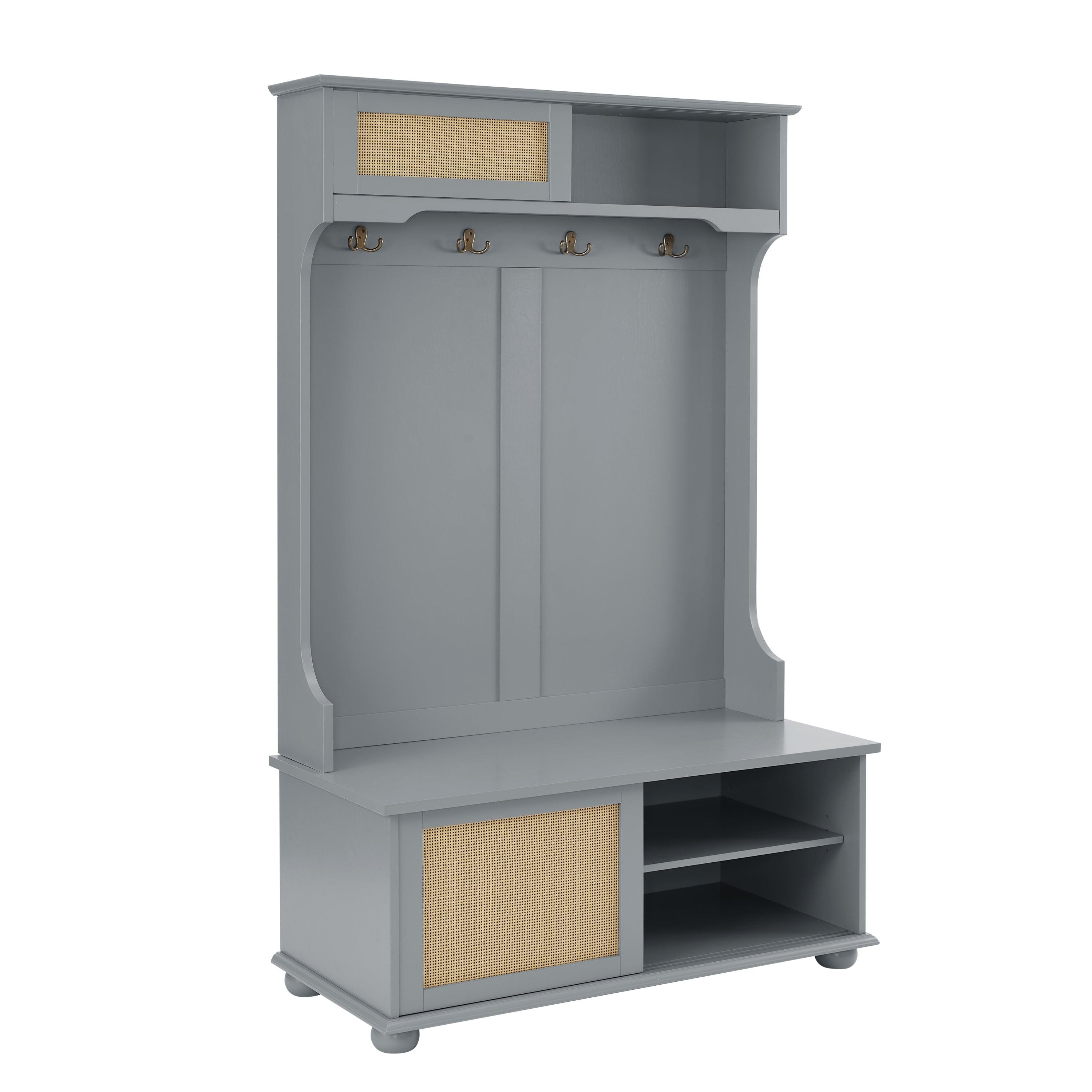 Stylish Gray Entryway Bench with Rattan Shelves & Shoe Storage - Solid Wood Hall Tree (40.16