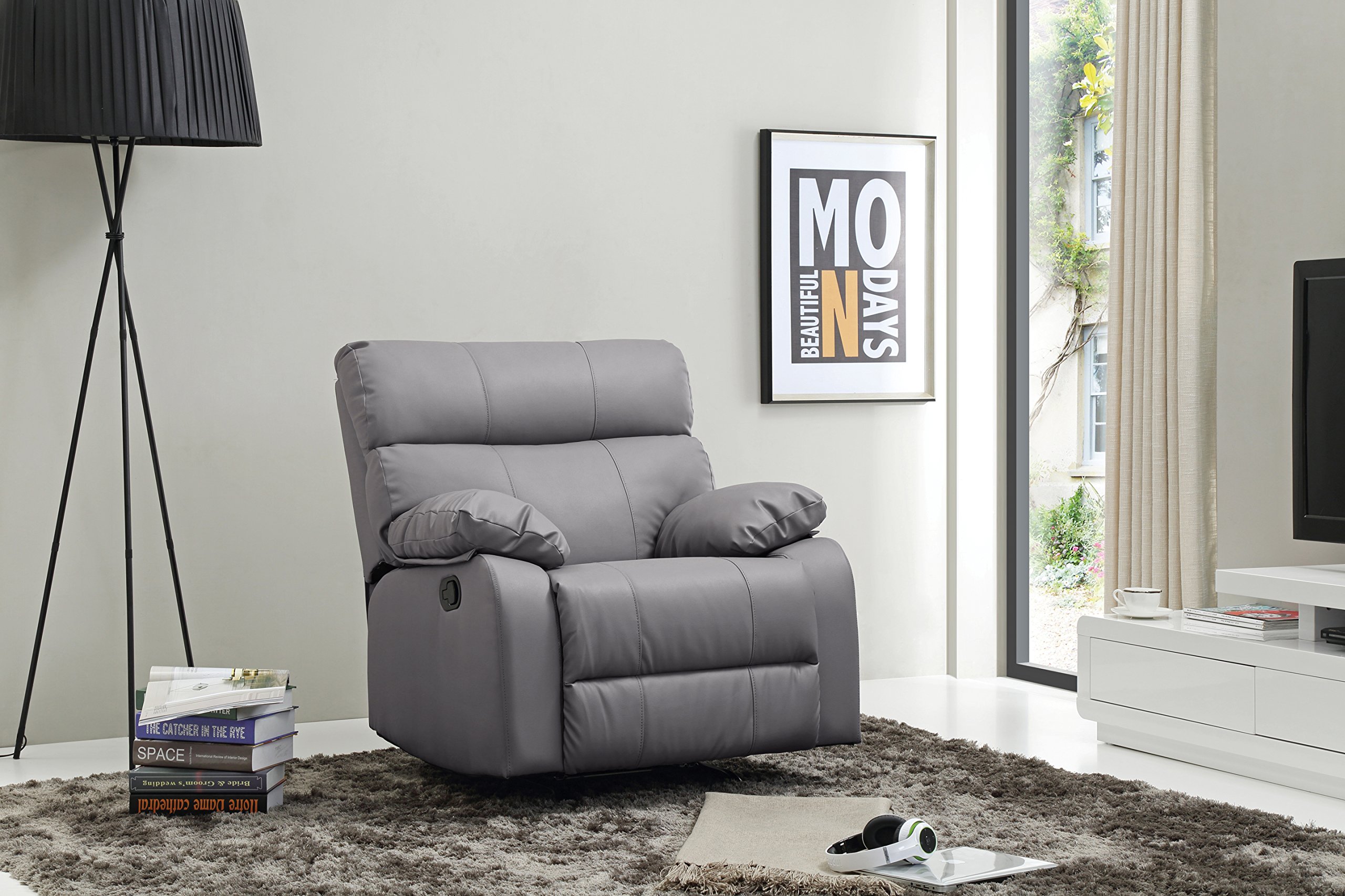 Glory Furniture Gray Faux Leather Rocker Recliner Chair - Comfortable Living Room Seating for Relaxing & Watching TV