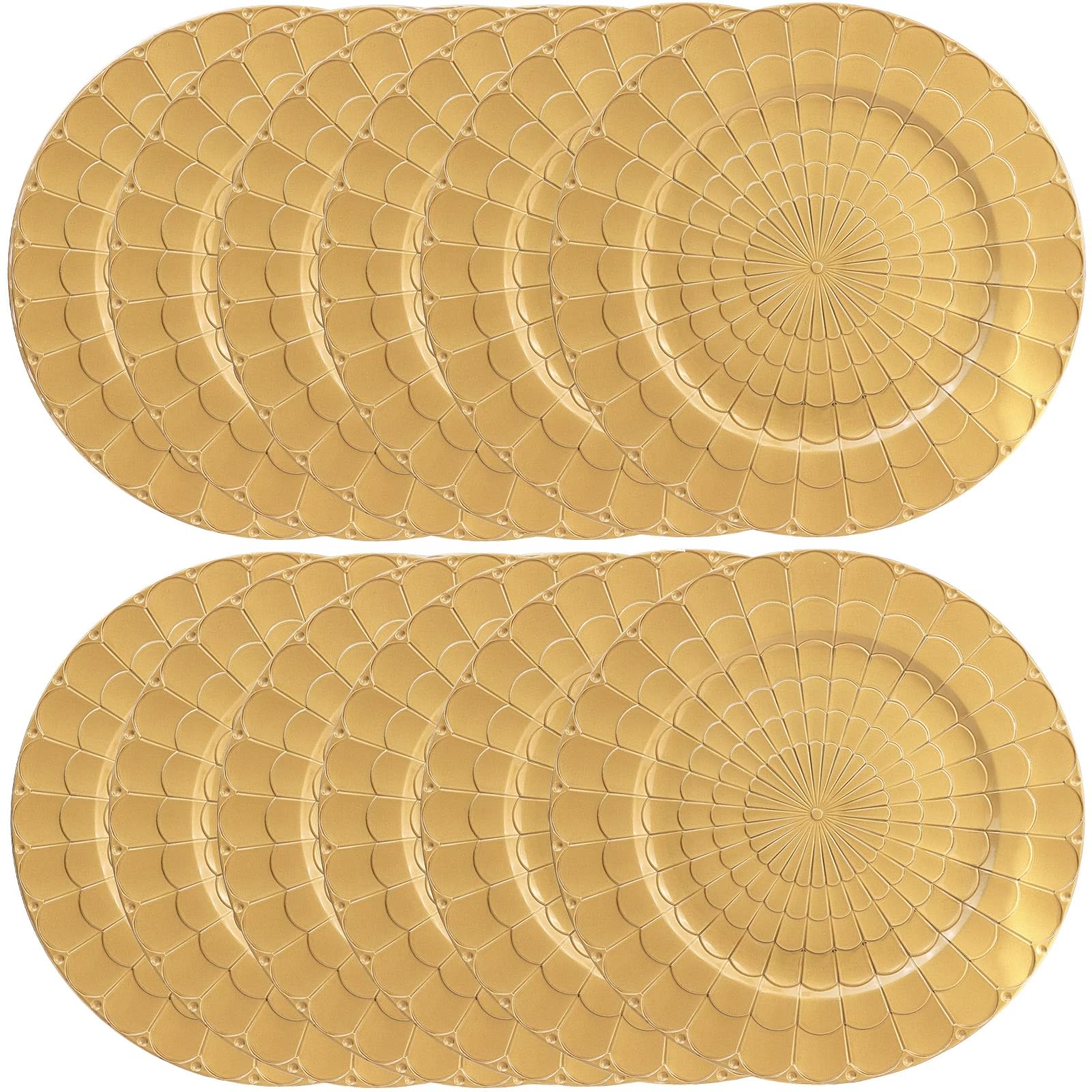 12-Pack Gold Plastic Charger Plates - Elegant Decorative Dinner Plates for Holiday Table Settings, Thanksgiving & Christmas Celebrations - Perfect for Weddings, Parties & Formal Dining Events