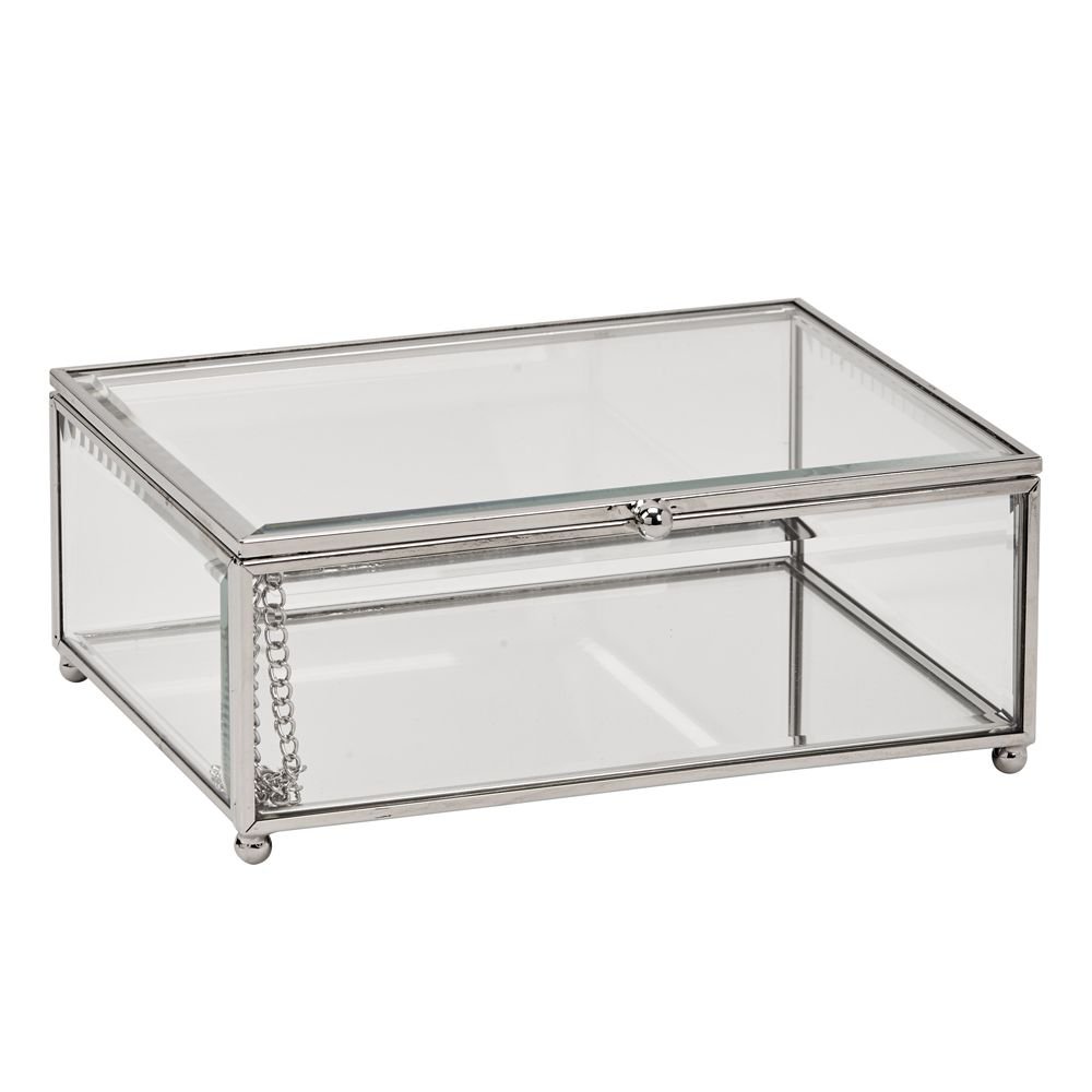 Elegant Clear Glass Jewelry Box for Women - Silver Storage Case with Velvet Lining (7.25x5.5 Inch) - Perfect for Organizing Necklaces, Rings & Earrings at Home or Travel