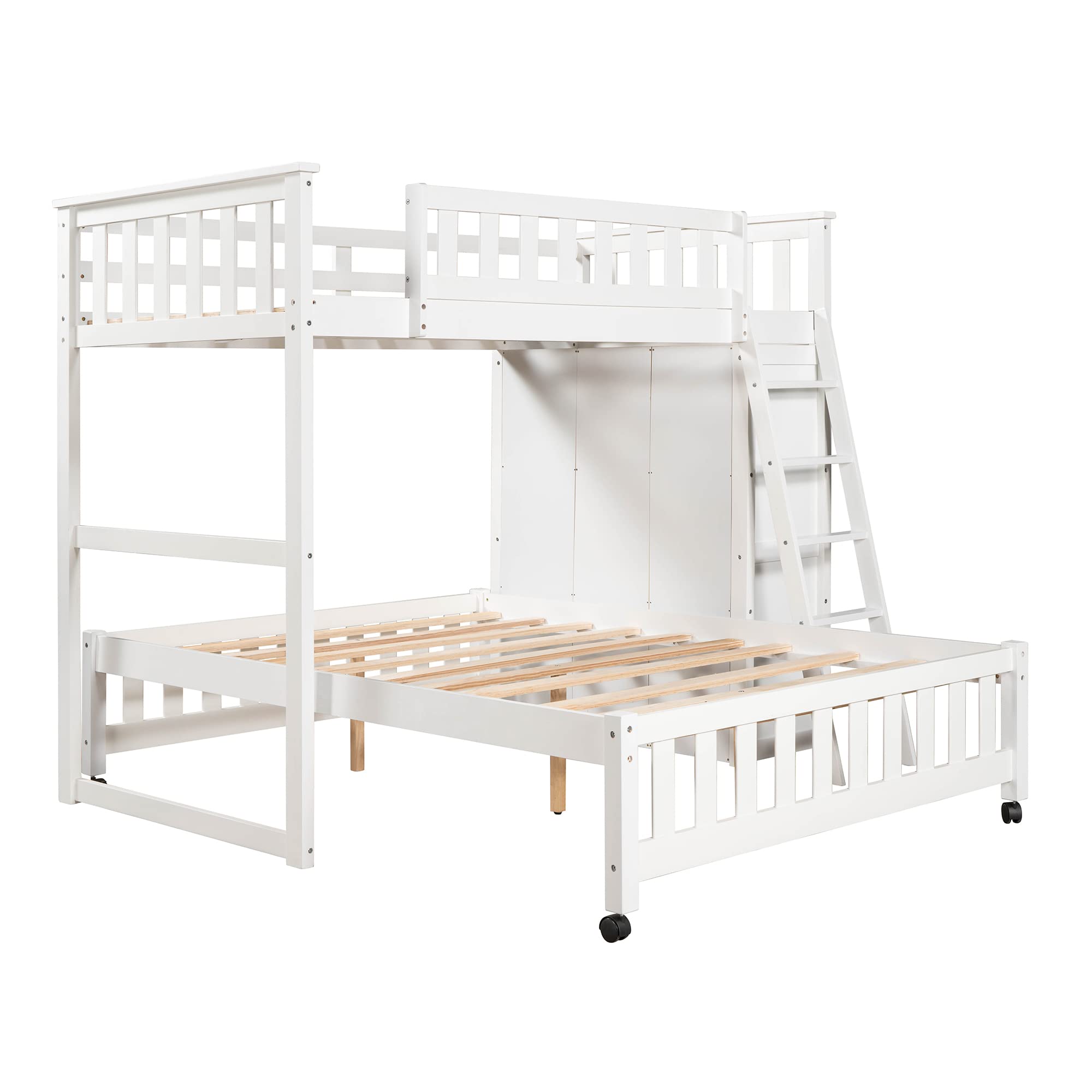 **Wooden Bunk Bed for Kids, Teens & Adults - Twin Over Full Size with 6 Drawers, Flexible Shelves & Wheels - No Box Spring Needed - White & Wheels01 - Perfect for Small Rooms, Dorms & Shared Spaces**