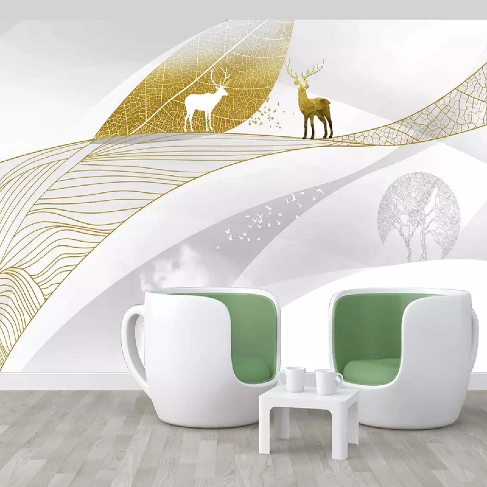 81x57 Inches Golden Lines Luxury Abstract Leaf Wall Mural Poster - Waterproof Living Room Wall Decor for TV Backdrop, Bedroom & Office | Modern Home Art Design