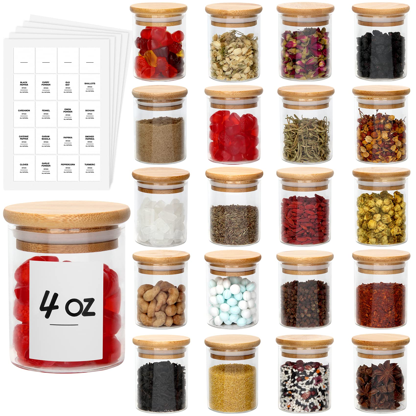 JuneHeart 4oz Glass Spice Jars Set with Bamboo Lids & 194 Labels - 10-Piece Clear Food Storage Containers for Spices, Sugar, Salt, Coffee, Tea, Beans - Perfect for Pantry, Kitchen Organization & DIY Gift Giving