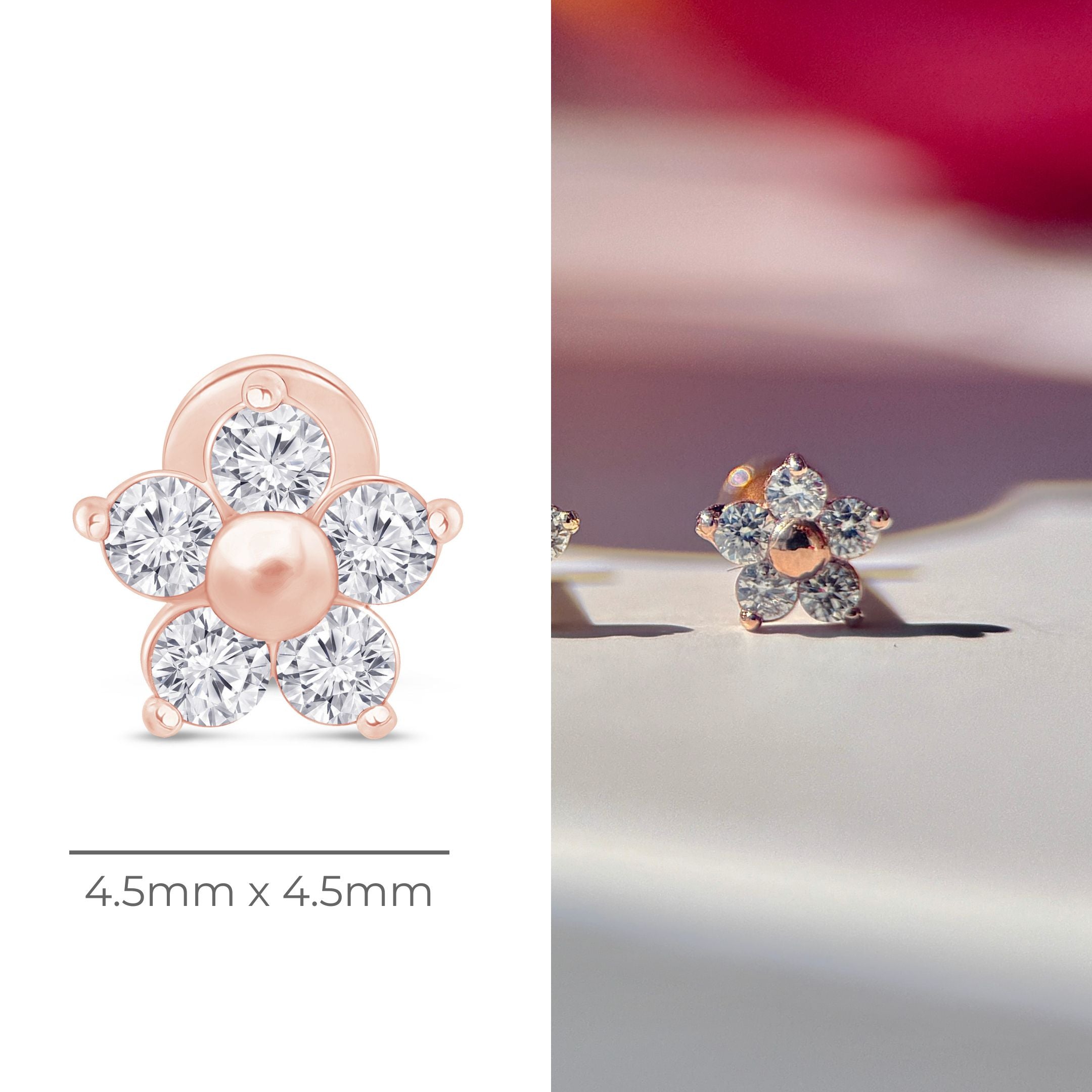 14k Rose Gold Five Diamond Flower Stud Earrings for Women - Elegant Floral Flat Back Earrings for Daily Wear & Special Occasions