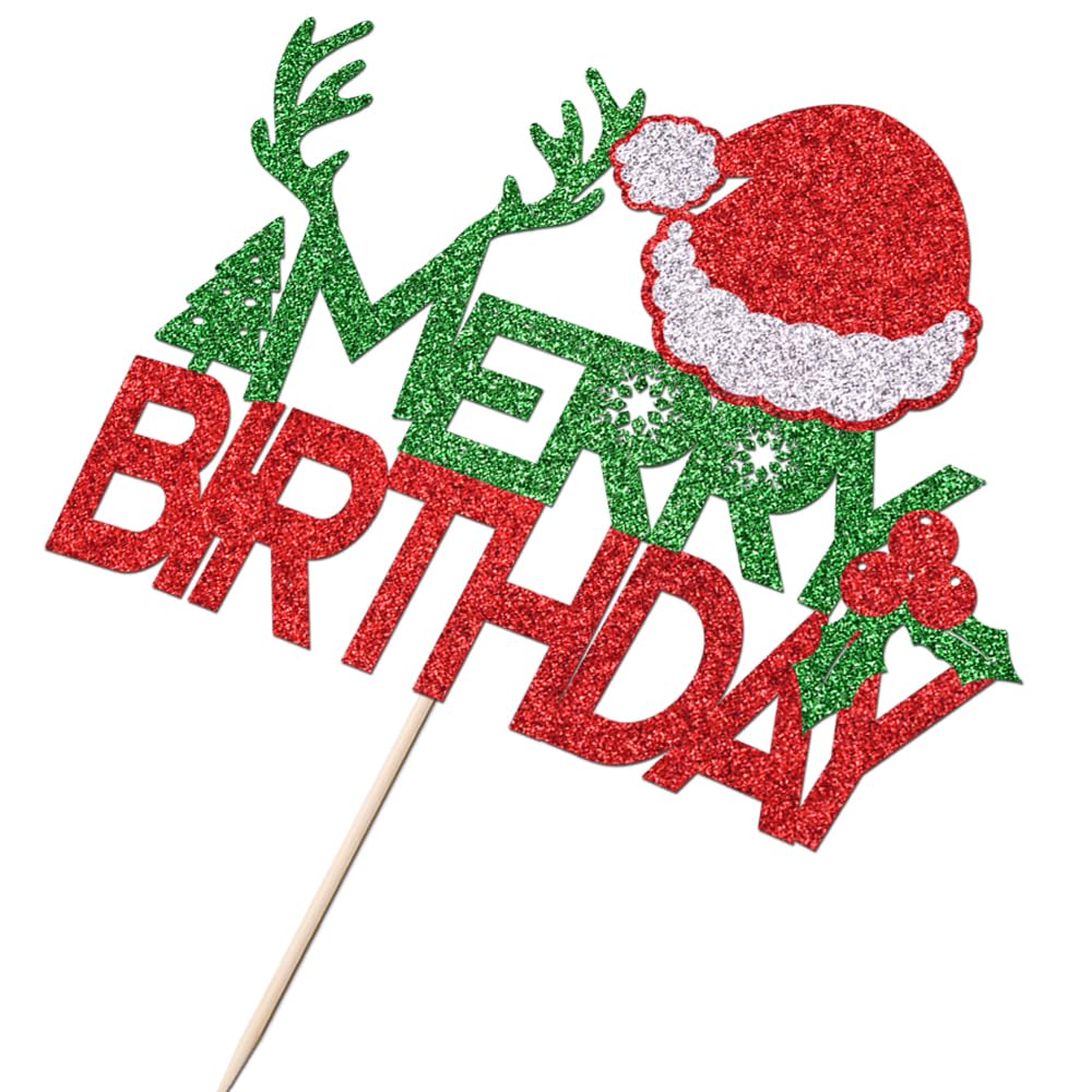 Merry Birthday Cake Topper - Red & Green Glitter Christmas Cake Decorations for Holiday Parties | New Year, Christmas, Winter & Baby Shower Celebration Supplies | Perfect for Christmas Desserts, Birthday Cakes & Festive Gatherings