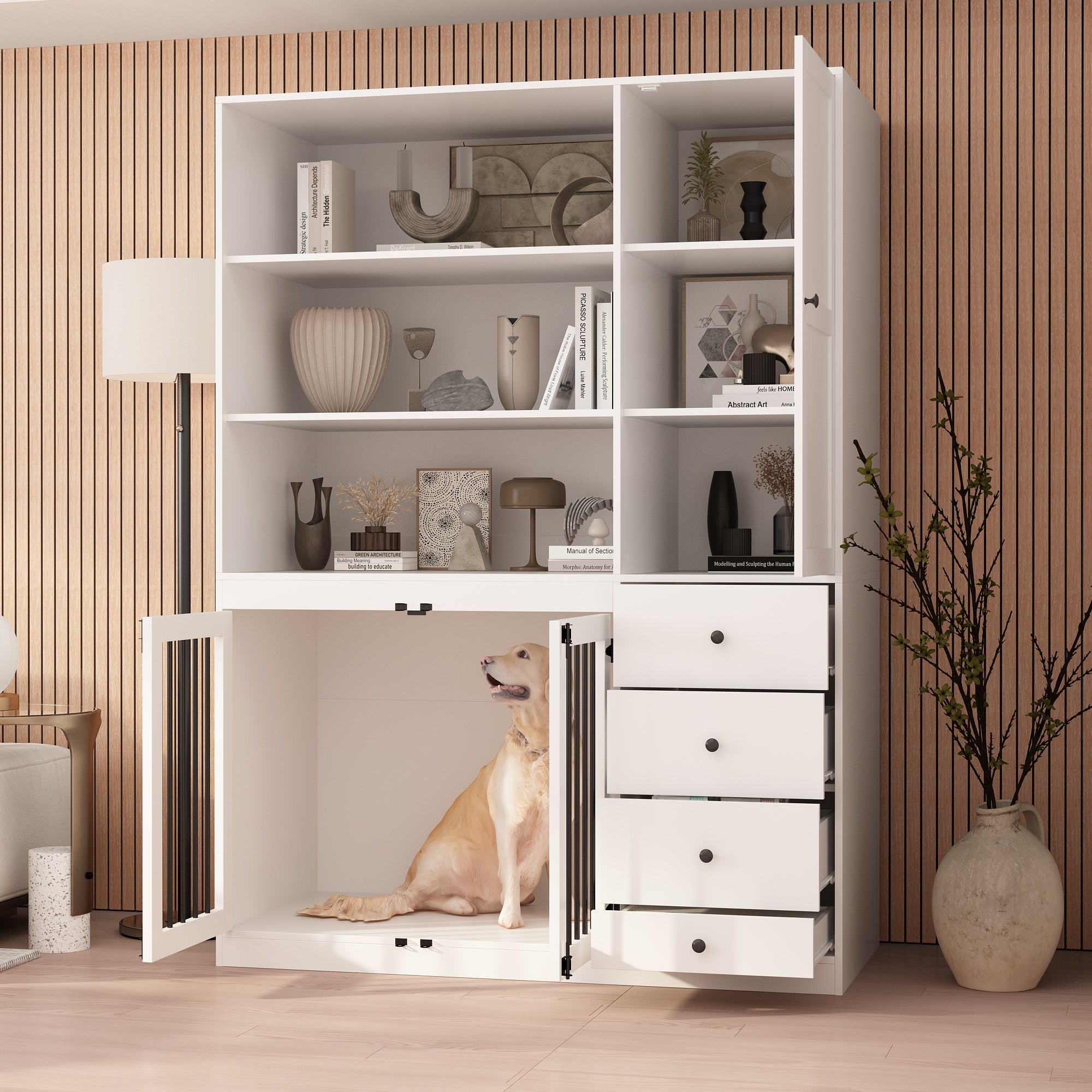 2 Door Dog Crate with Cabinet & Shelves - Foldable Metal Dog Kennel with Removable Tray & Food Bowl Drawer - Perfect for Home, Office, or Travel Use