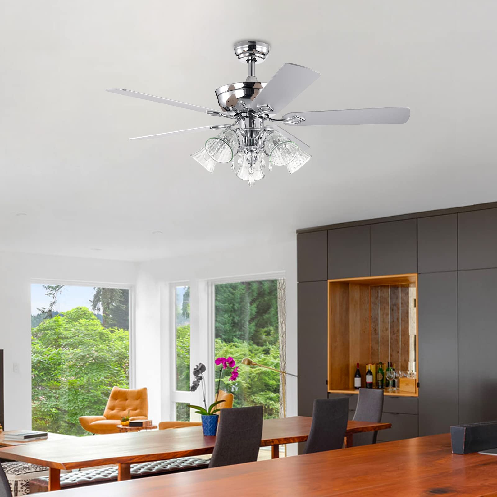 52 Inch Modern Crystal Chandelier Ceiling Fan with Lights & Remote Control - 5 Reversible Blades, 3 Speed Settings, Silver Chrome Finish - Perfect for Living Room, Bedroom, Dining Room & Indoor Spaces