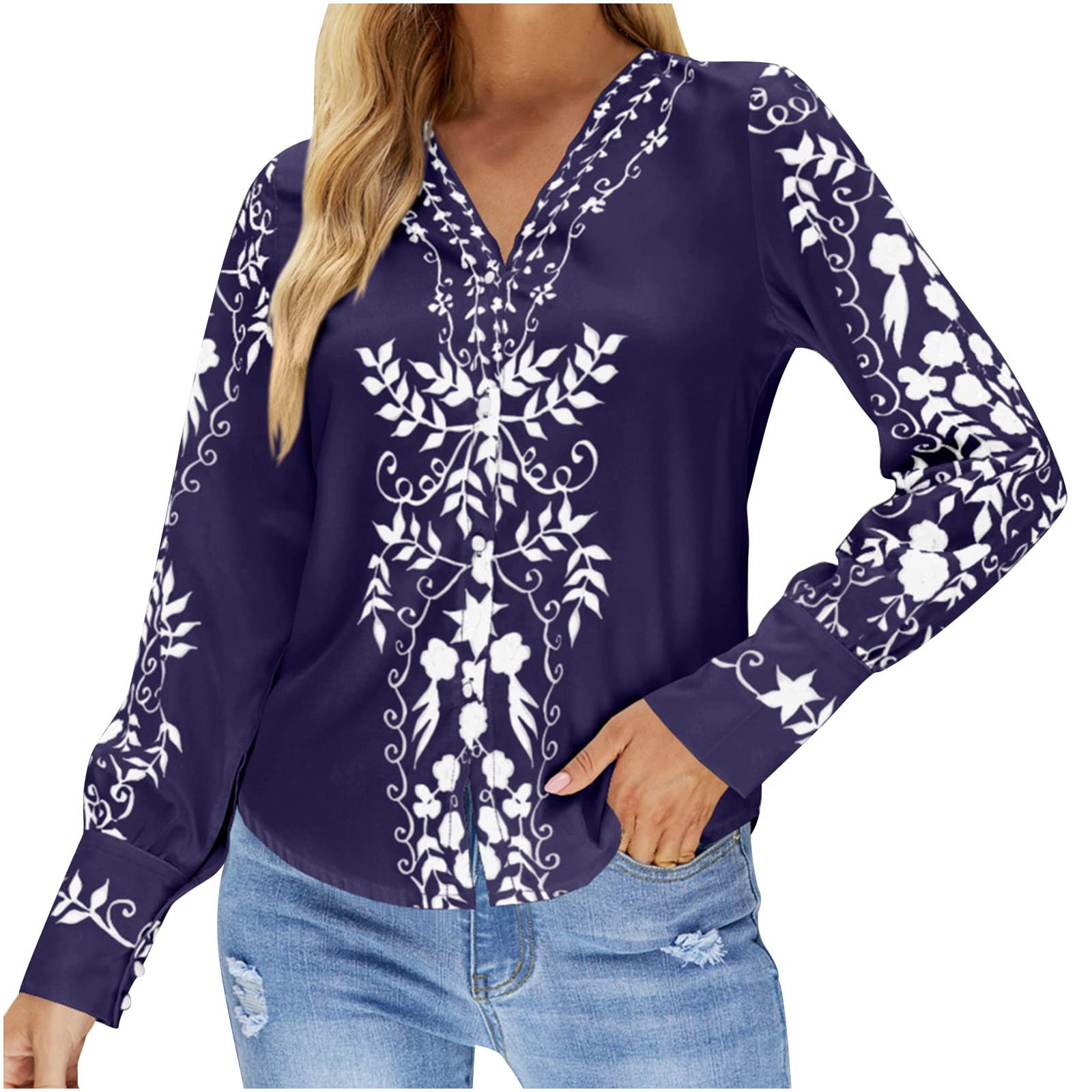 TUNUSKAT Women's Elegant Long Sleeve Blouse - Mexican Floral Print V-Neck Top for Fall 2022 | Casual & Office Wear | Perfect for Work, Date Night, and Autumn Outfits