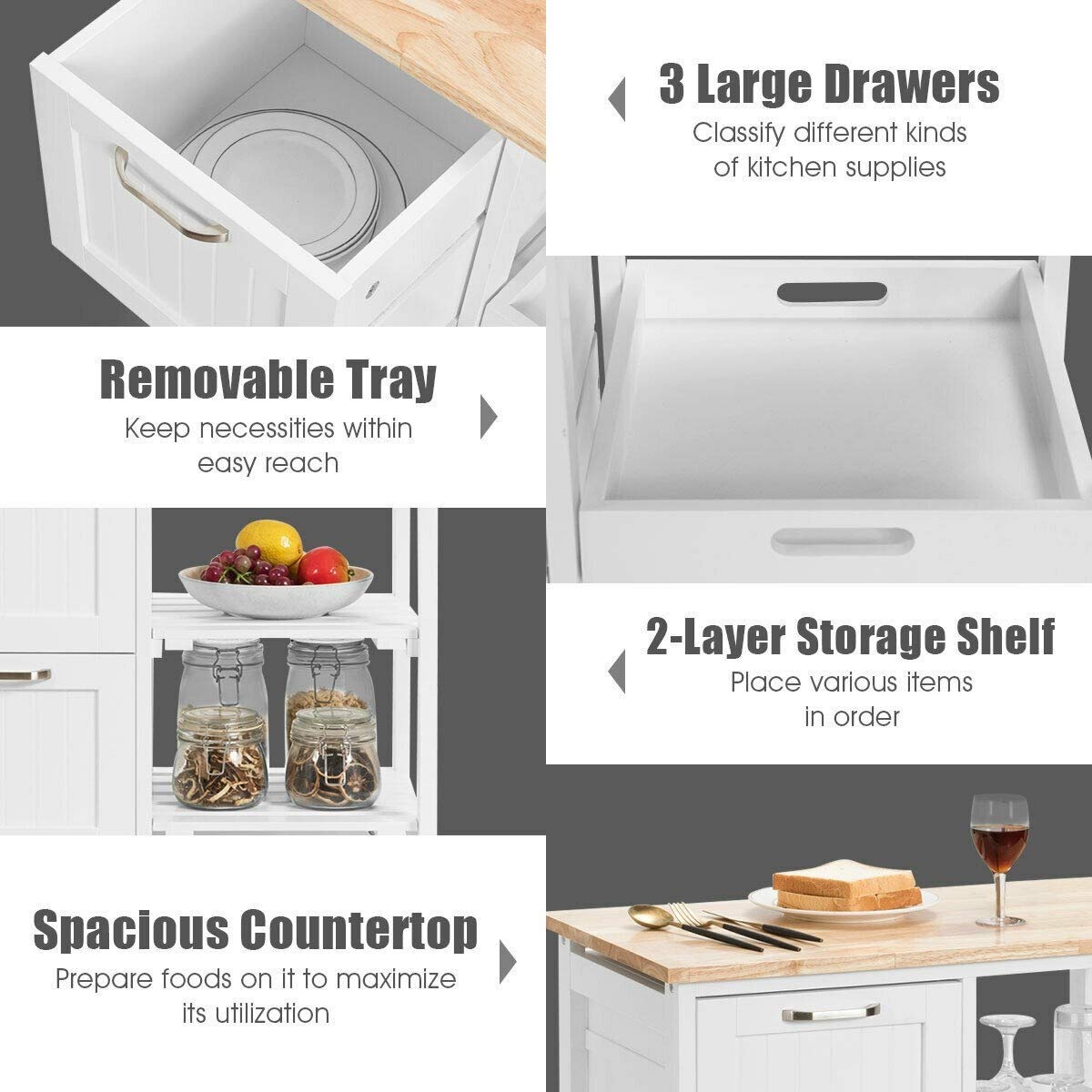 3-Tier Rolling Kitchen Island Cart with Wheels & Storage Drawers - Industrial Wood Serving Cart, Mobile Storage Cabinet for Kitchen, Dining Room, or Bar - White