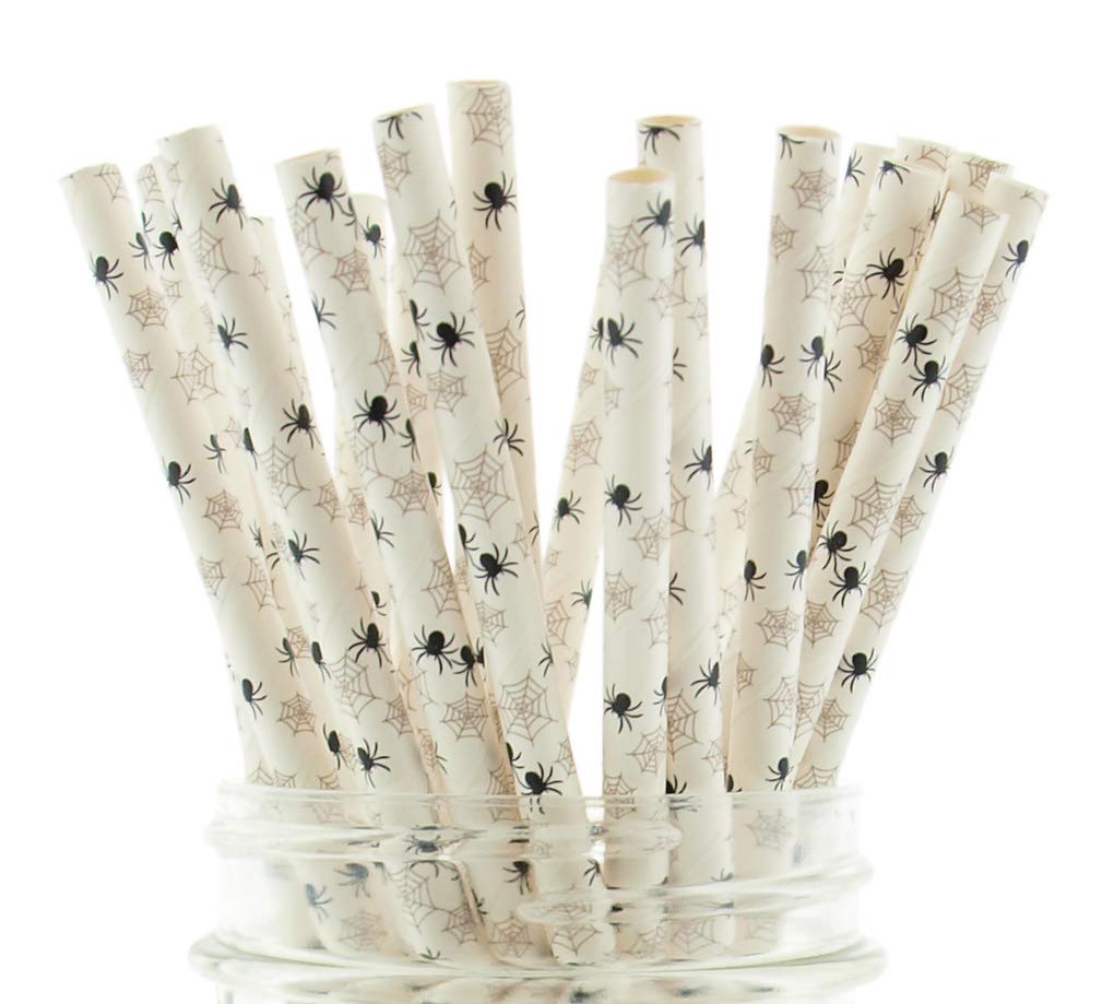 Halloween Spider and Dots Party Paper Straws 50 Pack - Black and Orange Premium Paper Drinking Straws for Halloween Party Decorations, Birthday Supplies, Spooky Themed Events and Home Decor